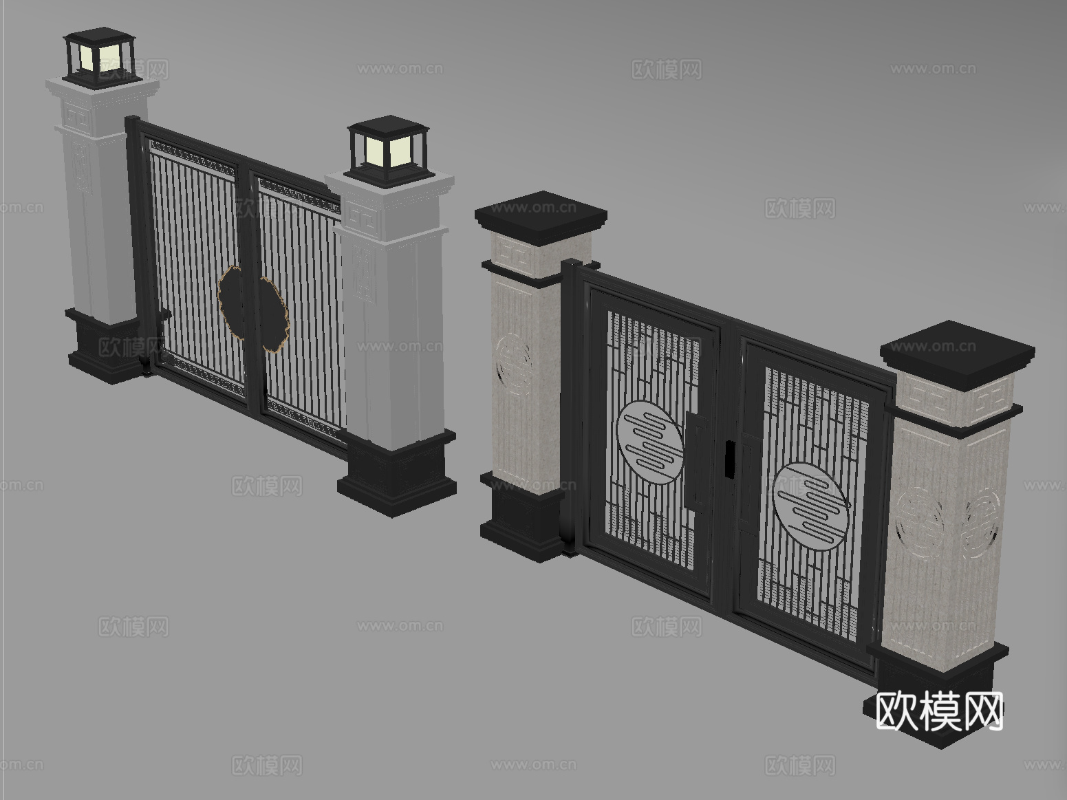 新中式大门 别墅庭院门 户外大门 庭院铁艺大门su模型