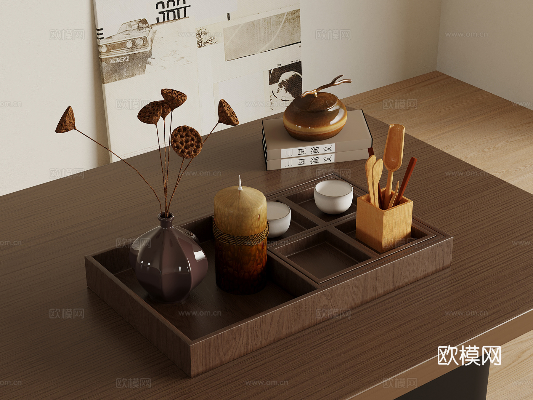 新中式托盘 茶具su模型