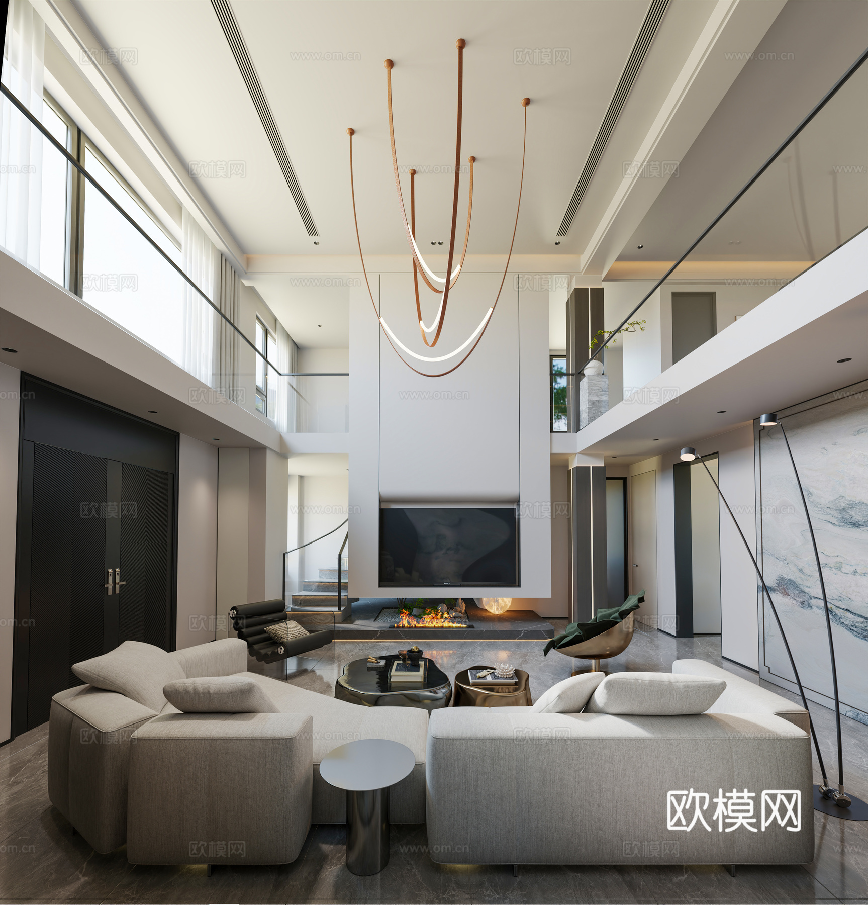 现代家居别墅挑空客厅 现代别墅客餐厅 茶室 别墅客餐厅 奶油3d模型下载（渲染图2）