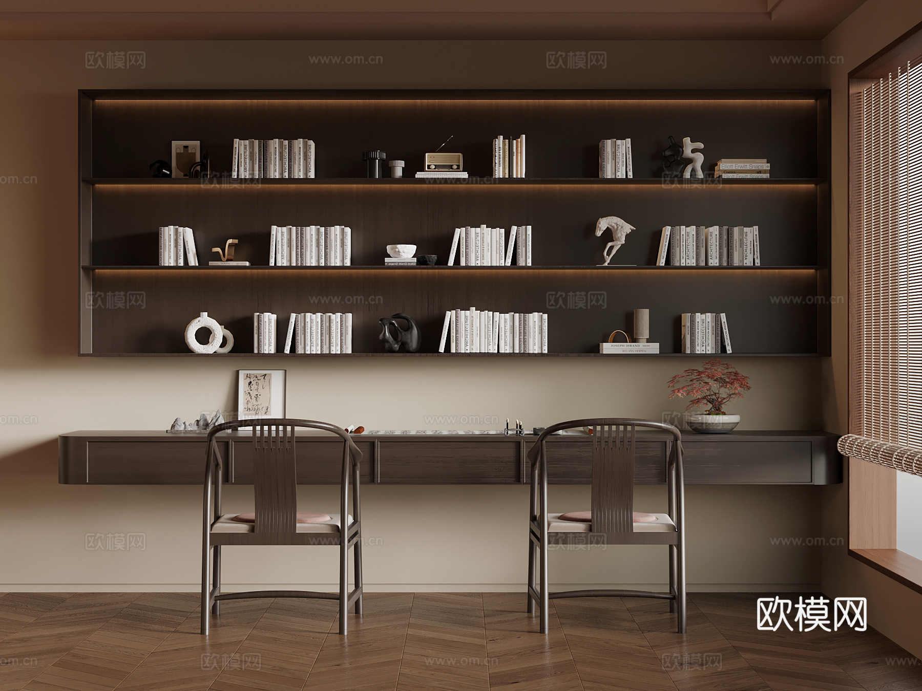 新中式书房 书桌椅 壁挂式书架su模型