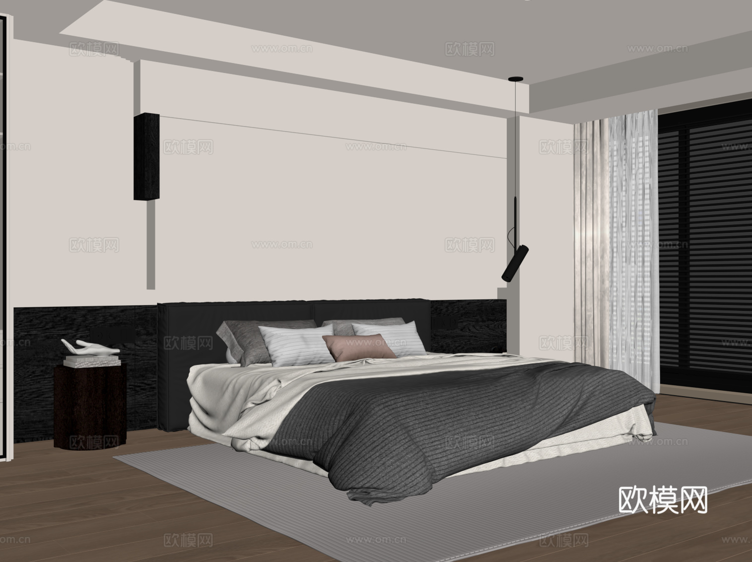 现代意式卧室 双人床 床头柜su模型