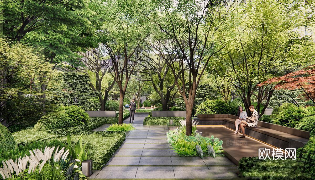 现代公园景观 林下空间 户外座椅su模型