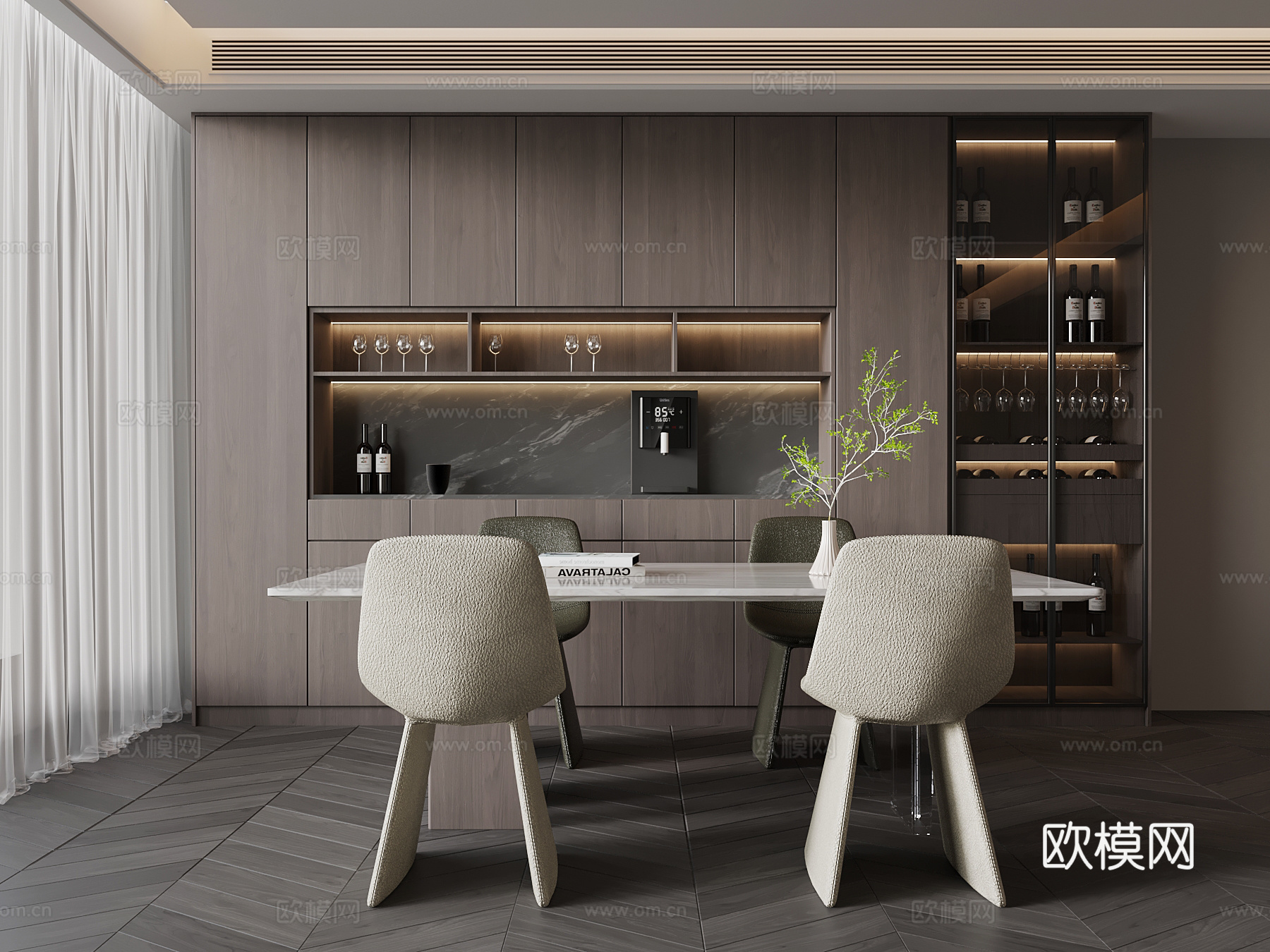 意式餐厅 餐桌椅 餐边柜su模型