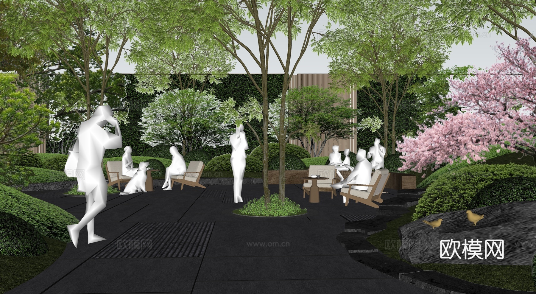 现代公园景观 林下空间 户外座椅su模型