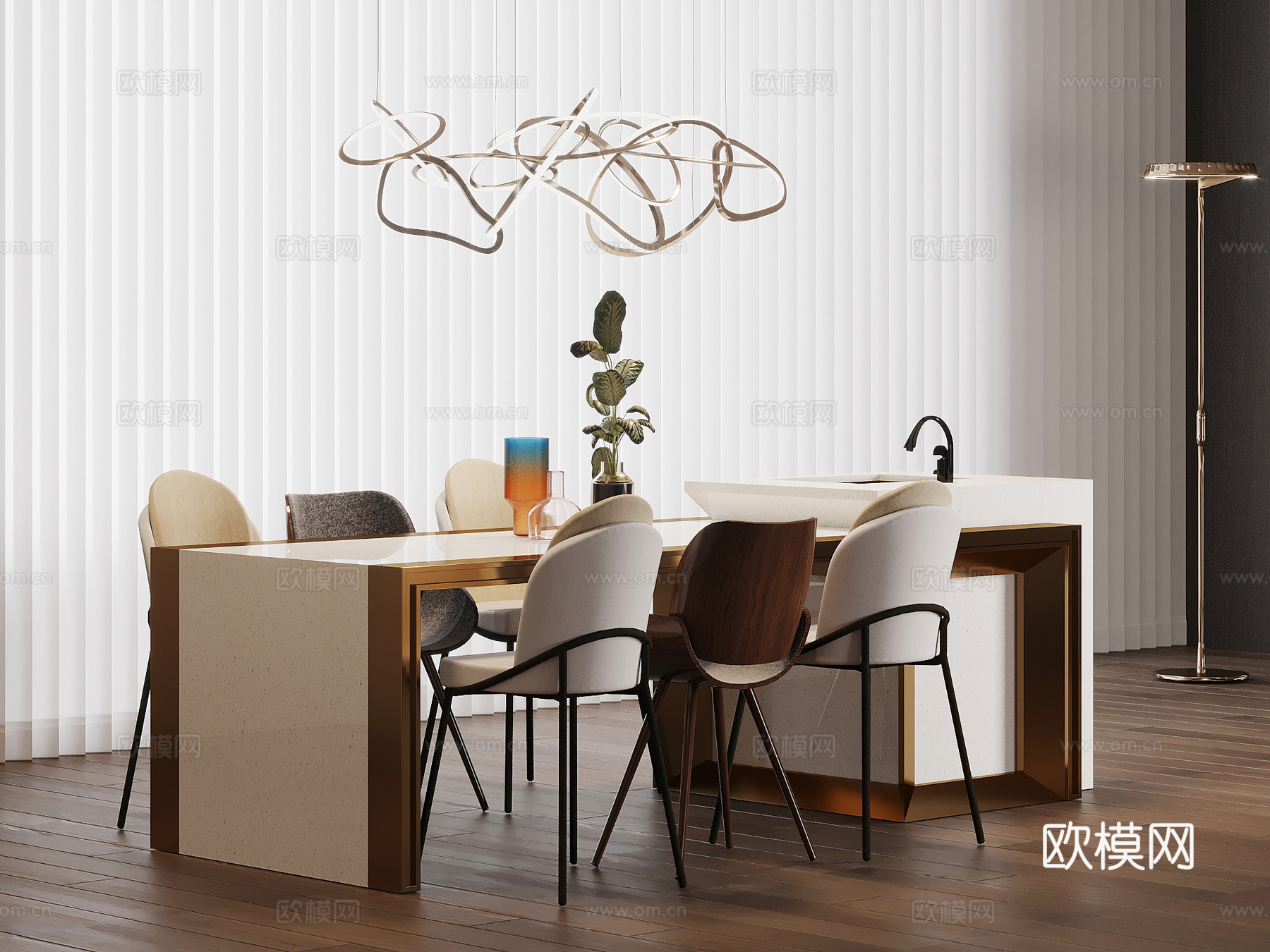 现代简约岛台 餐台 餐桌椅su模型
