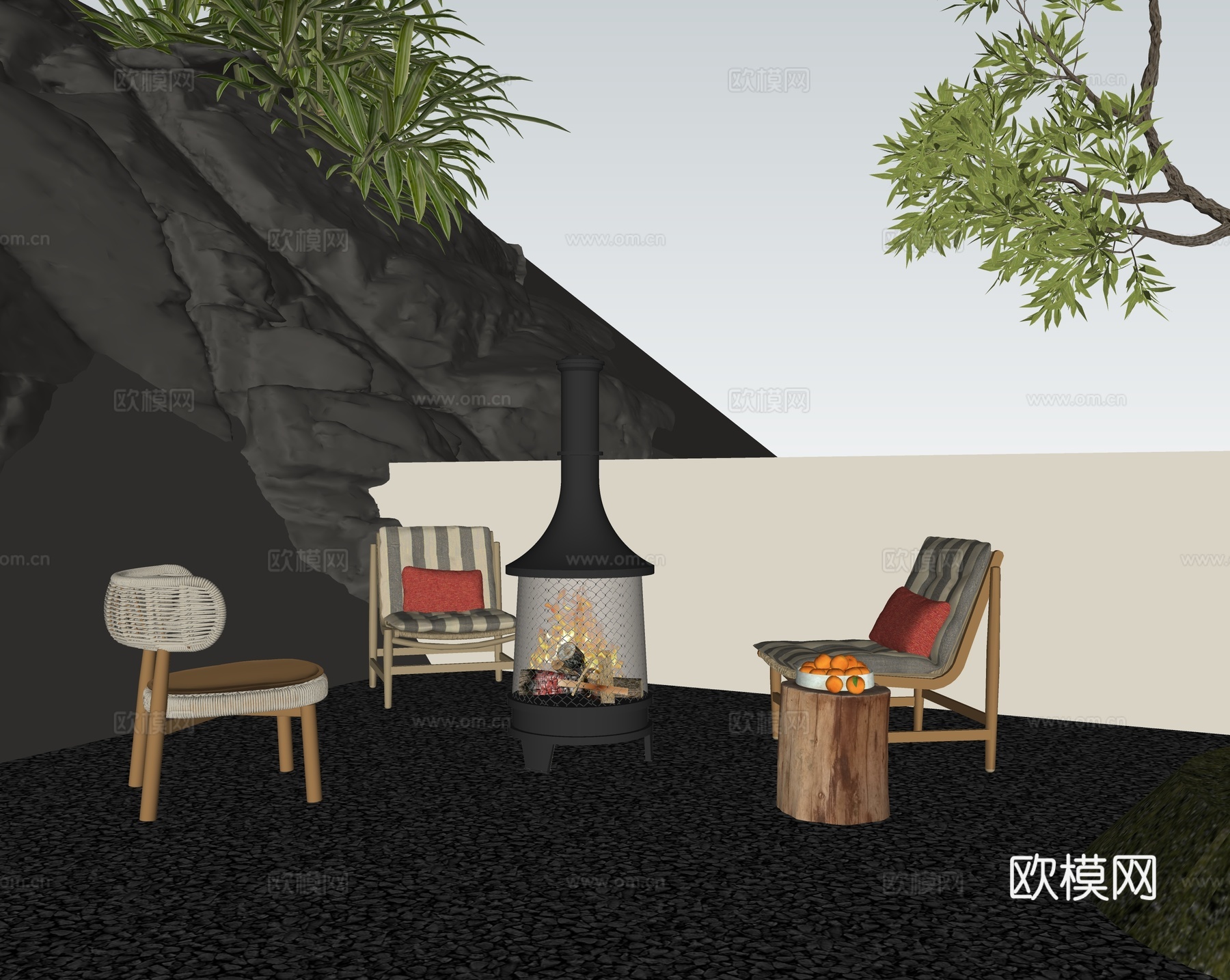 现代庭院花园 围炉煮茶 休闲椅 木墩茶几 高山地形su模型su模型
