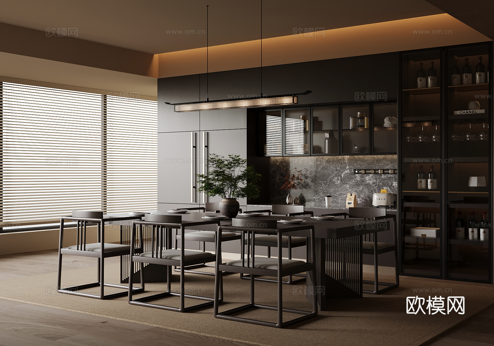 新中式餐厅 餐桌椅 餐边柜su模型