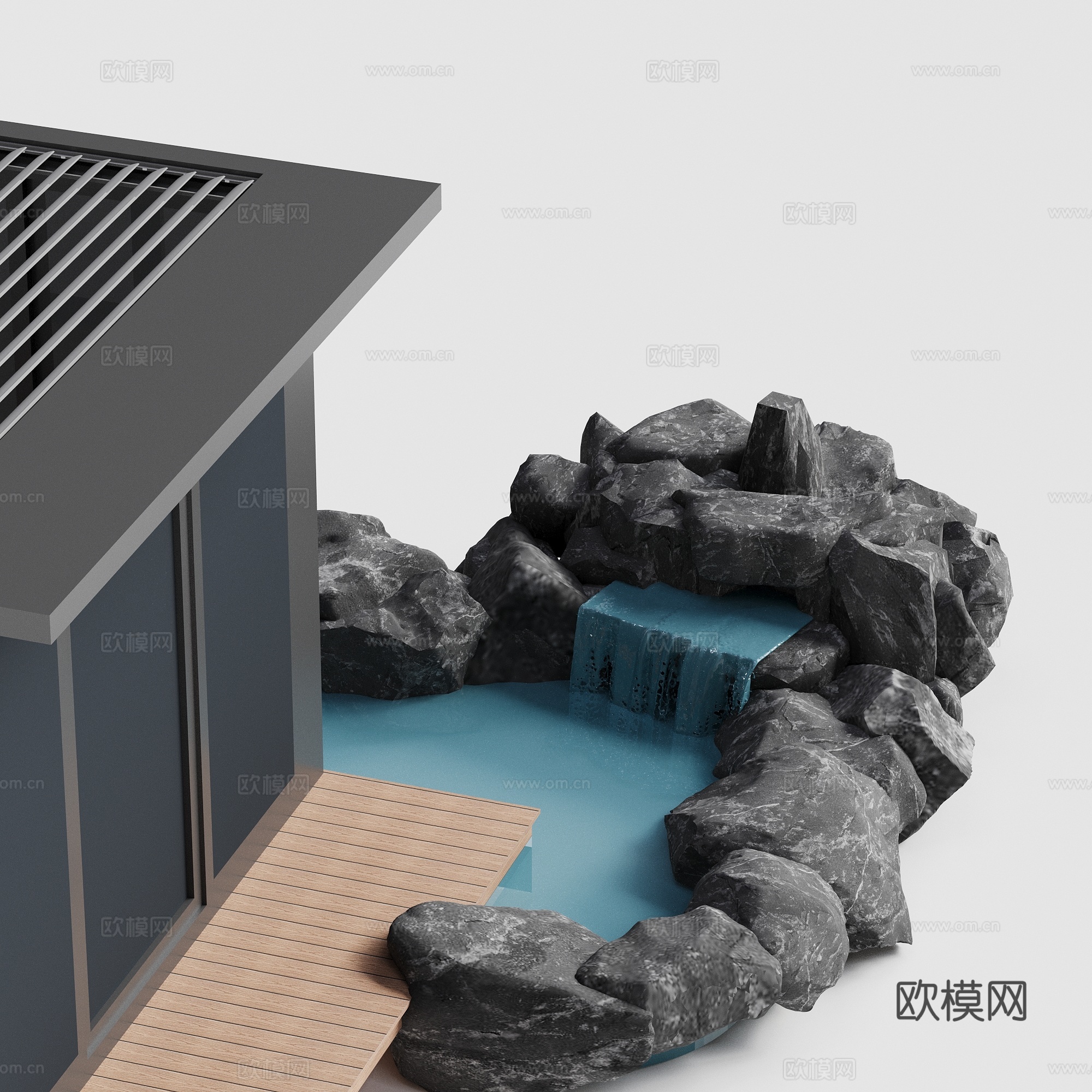 现代庭院花园 山水景观 叠水景观 石头 景石 阳光房 铝合金su模型下载（渲染图1）