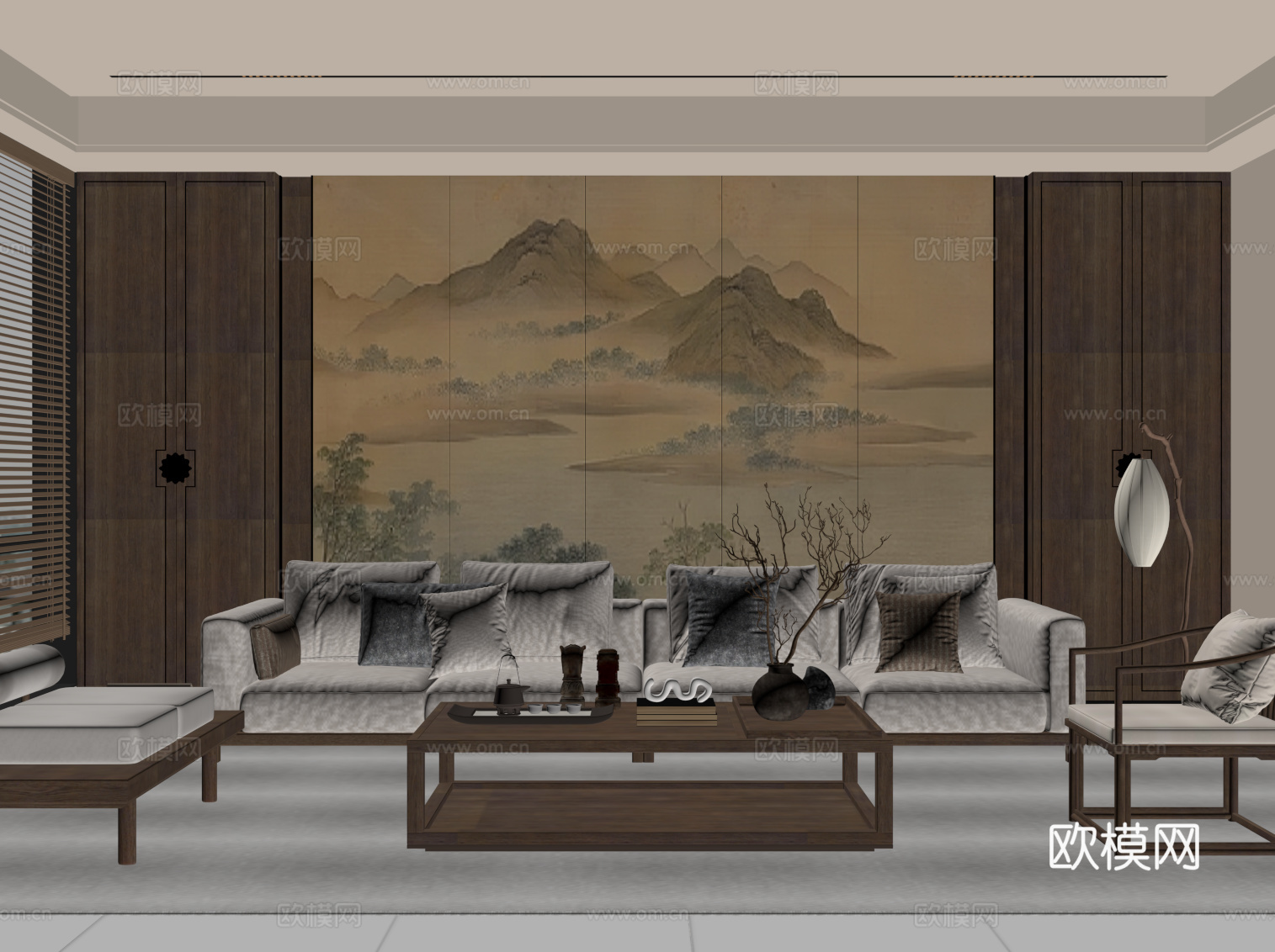 新中式客厅su模型