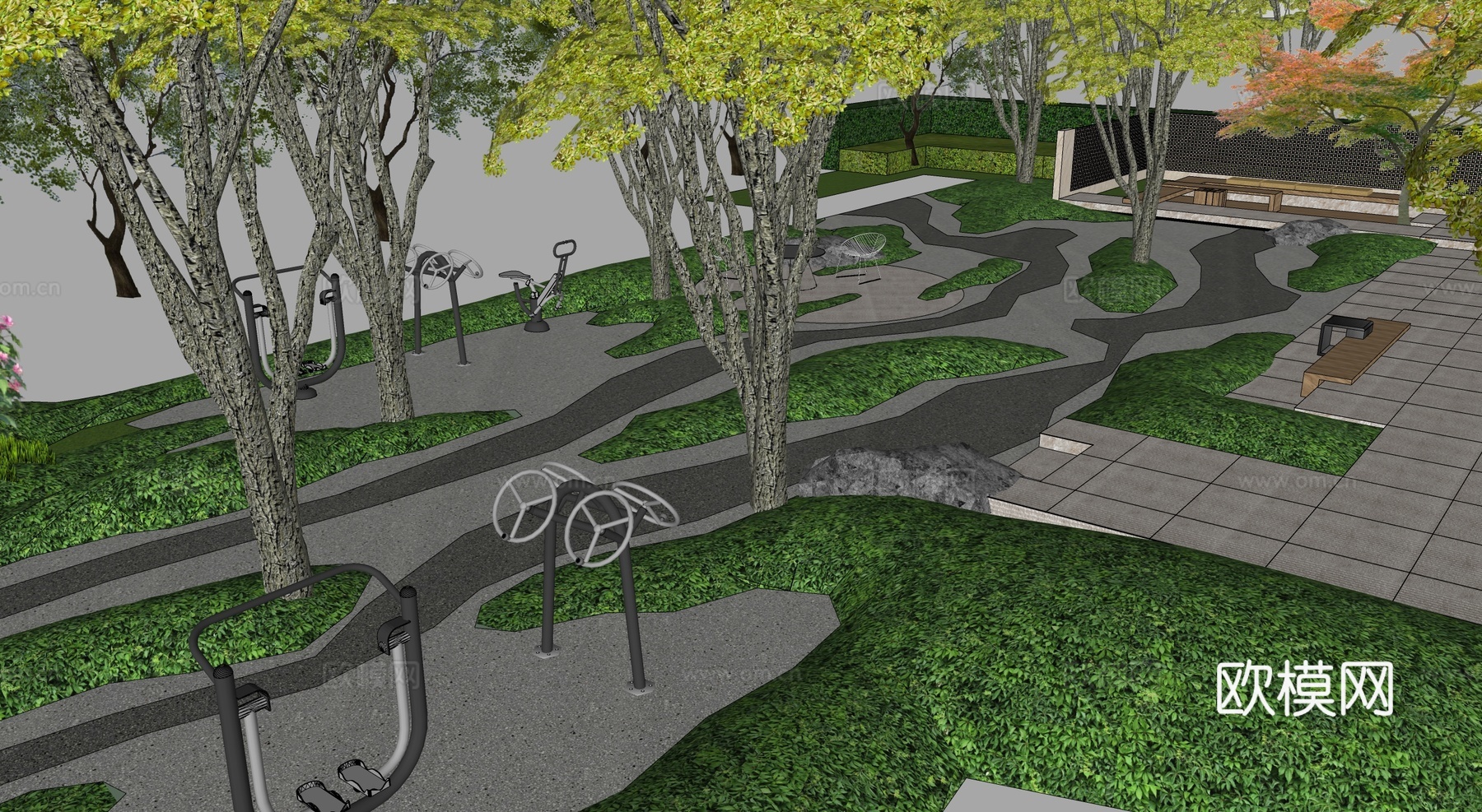 现代公园景观 林下空间 户外座椅 园林景观su模型