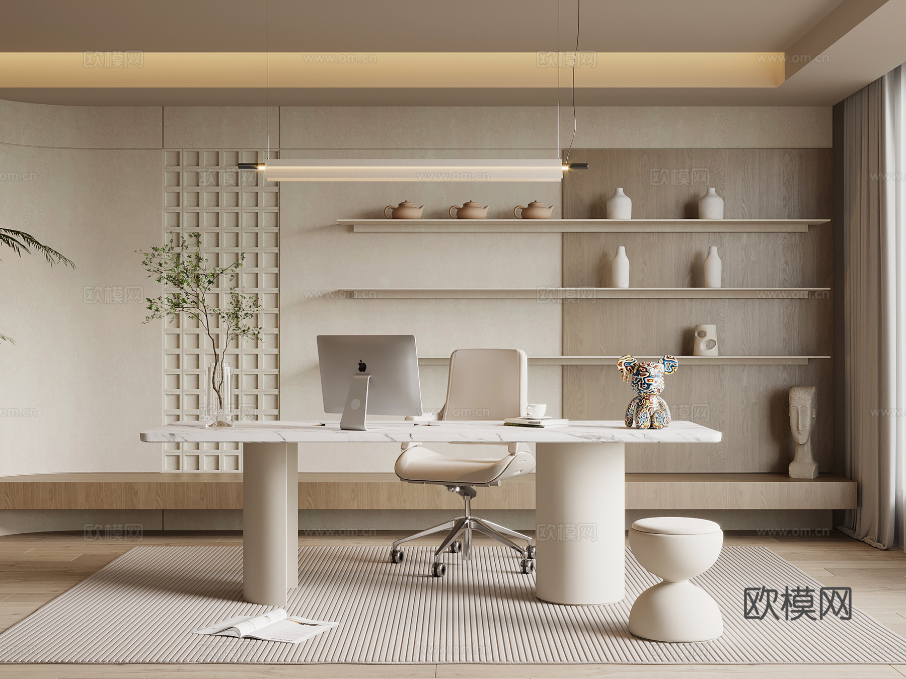 现代奶油风书房 书架 书桌椅su模型