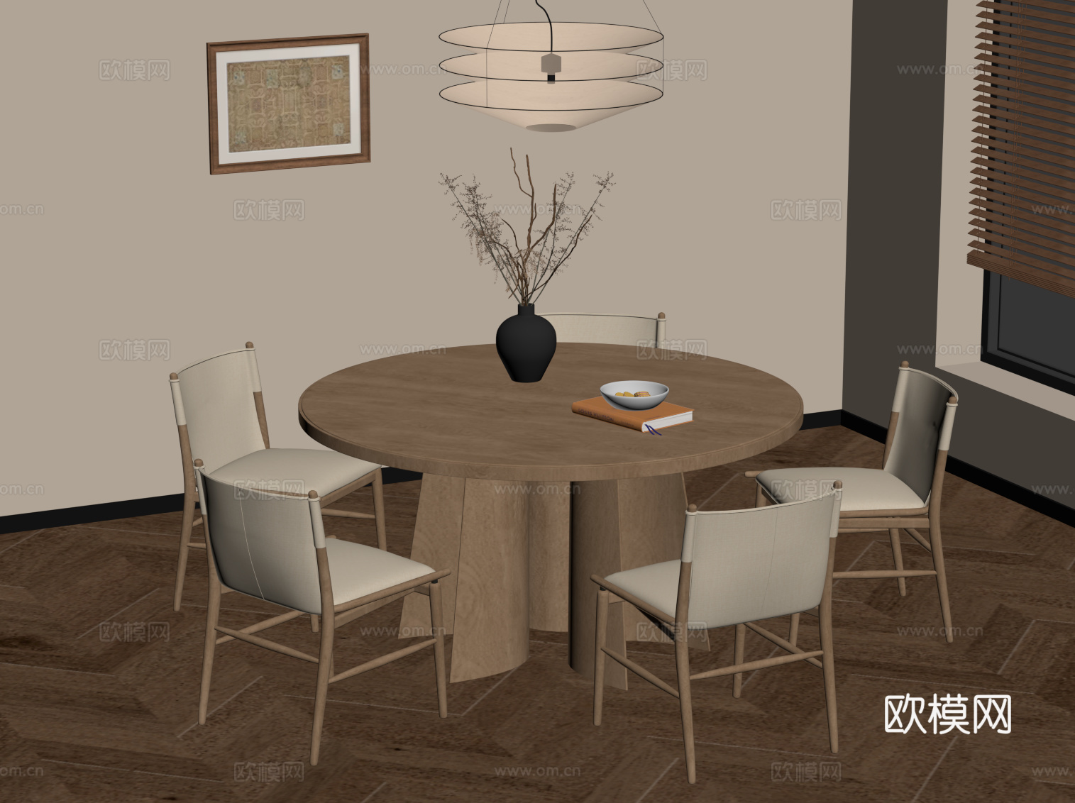 中古风餐桌椅 圆形餐桌椅su模型