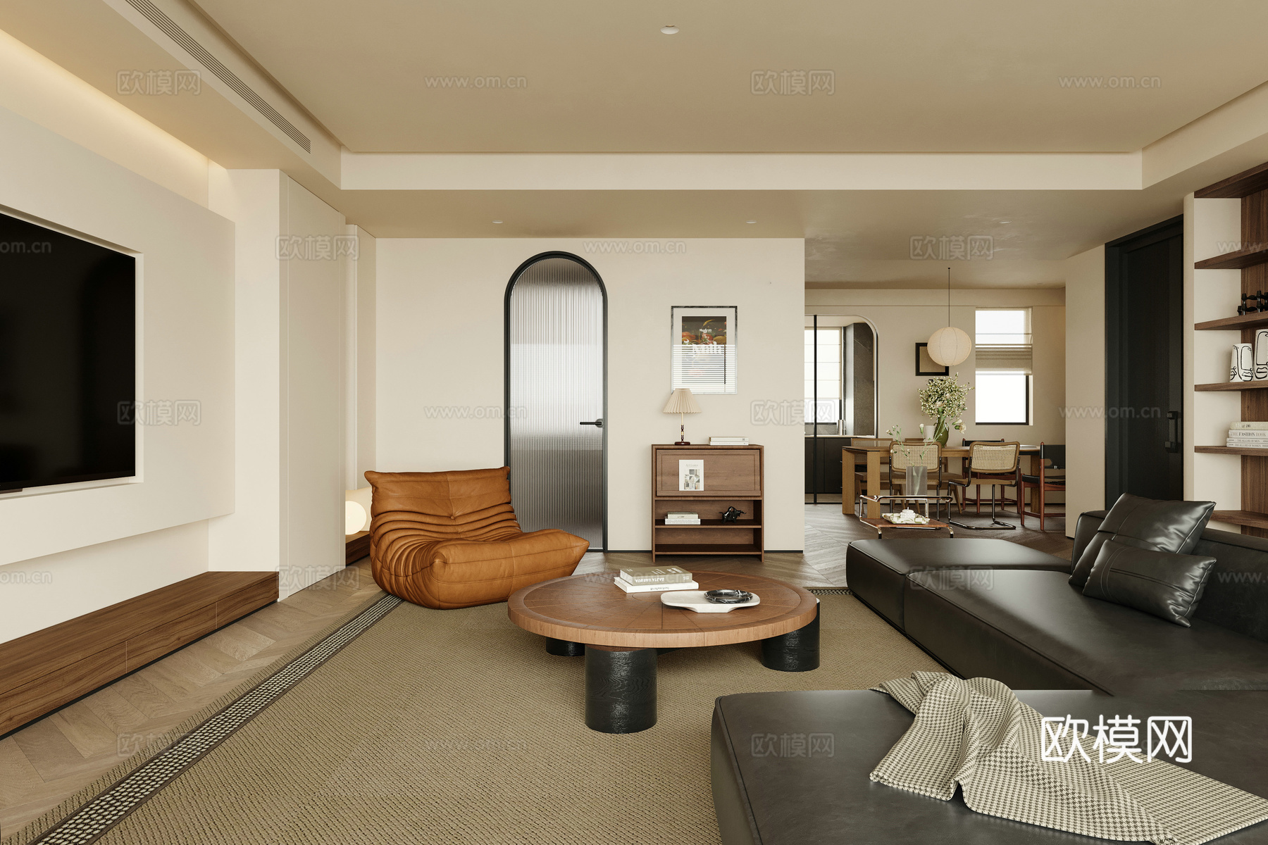 轻奢中古风 样板间 最新全套施工图 效果图合集cad施工图下载（渲染图2）