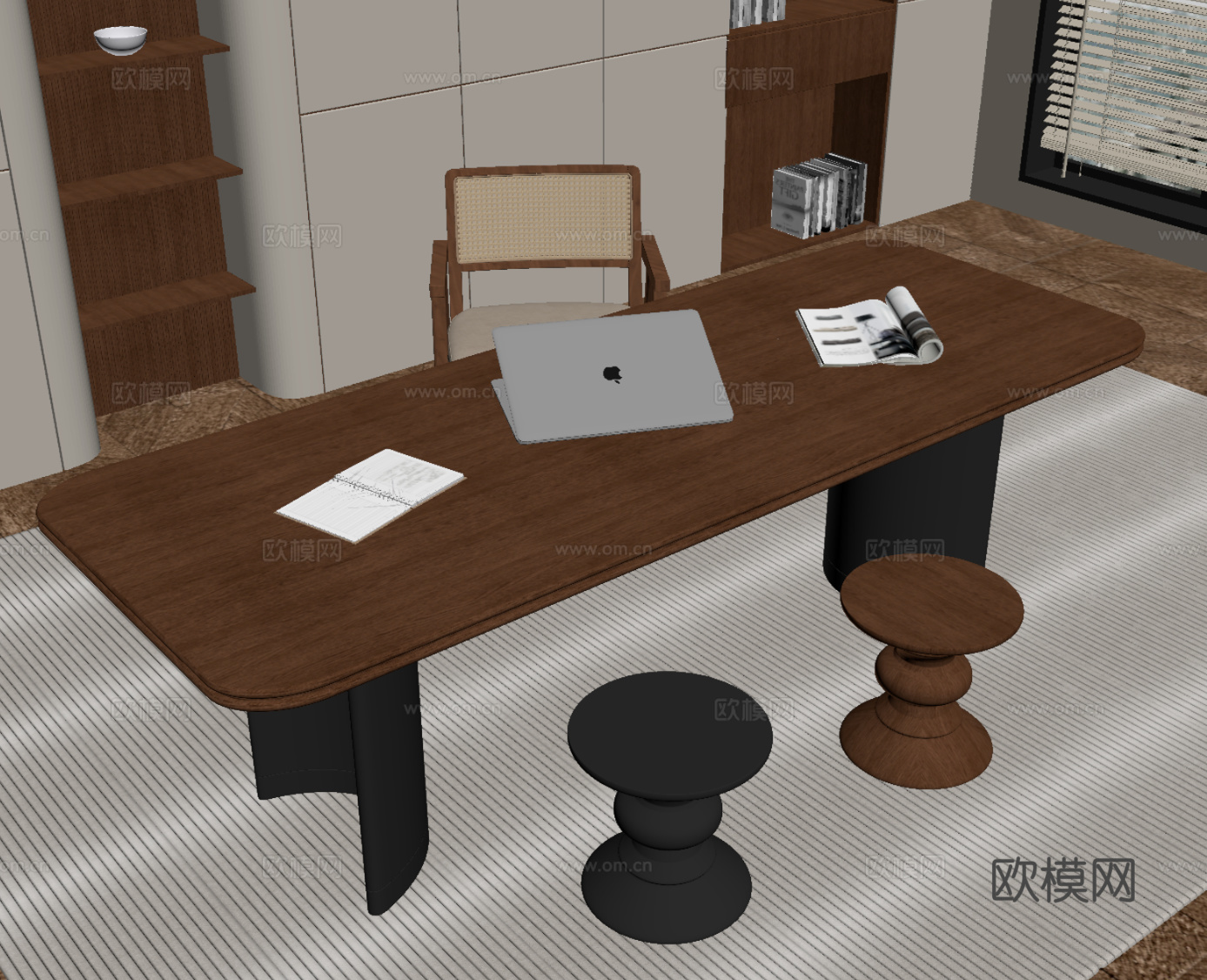 中古风书桌椅 书房 书柜su模型