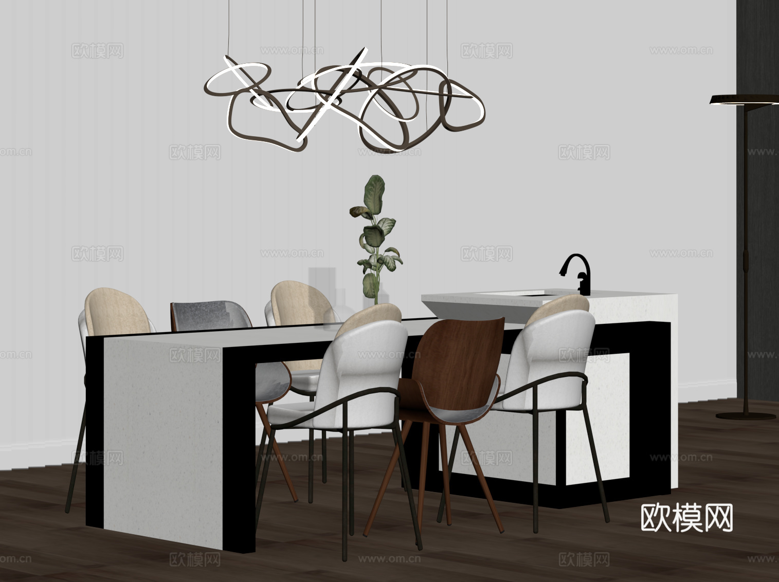 现代简约岛台 餐台 餐桌椅su模型