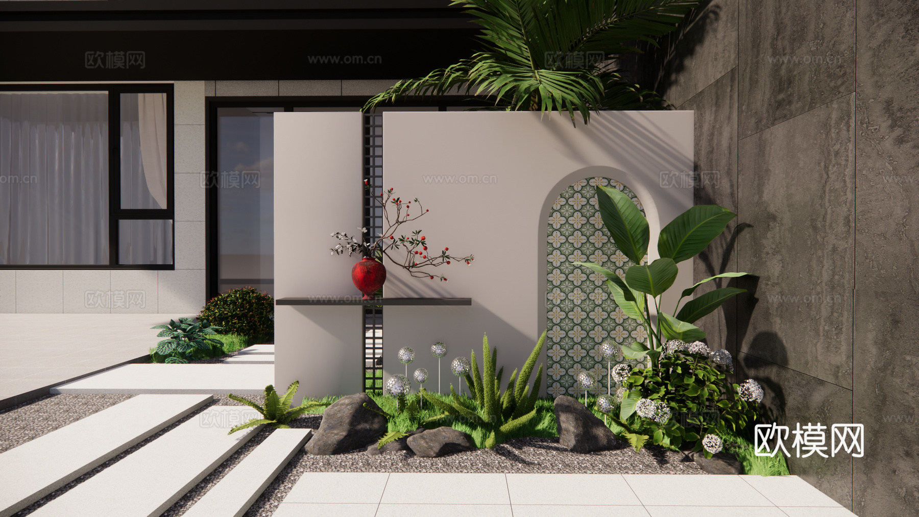 现代奶油风景观 庭院造型景墙   屏风隔断围墙 背景墙su模型