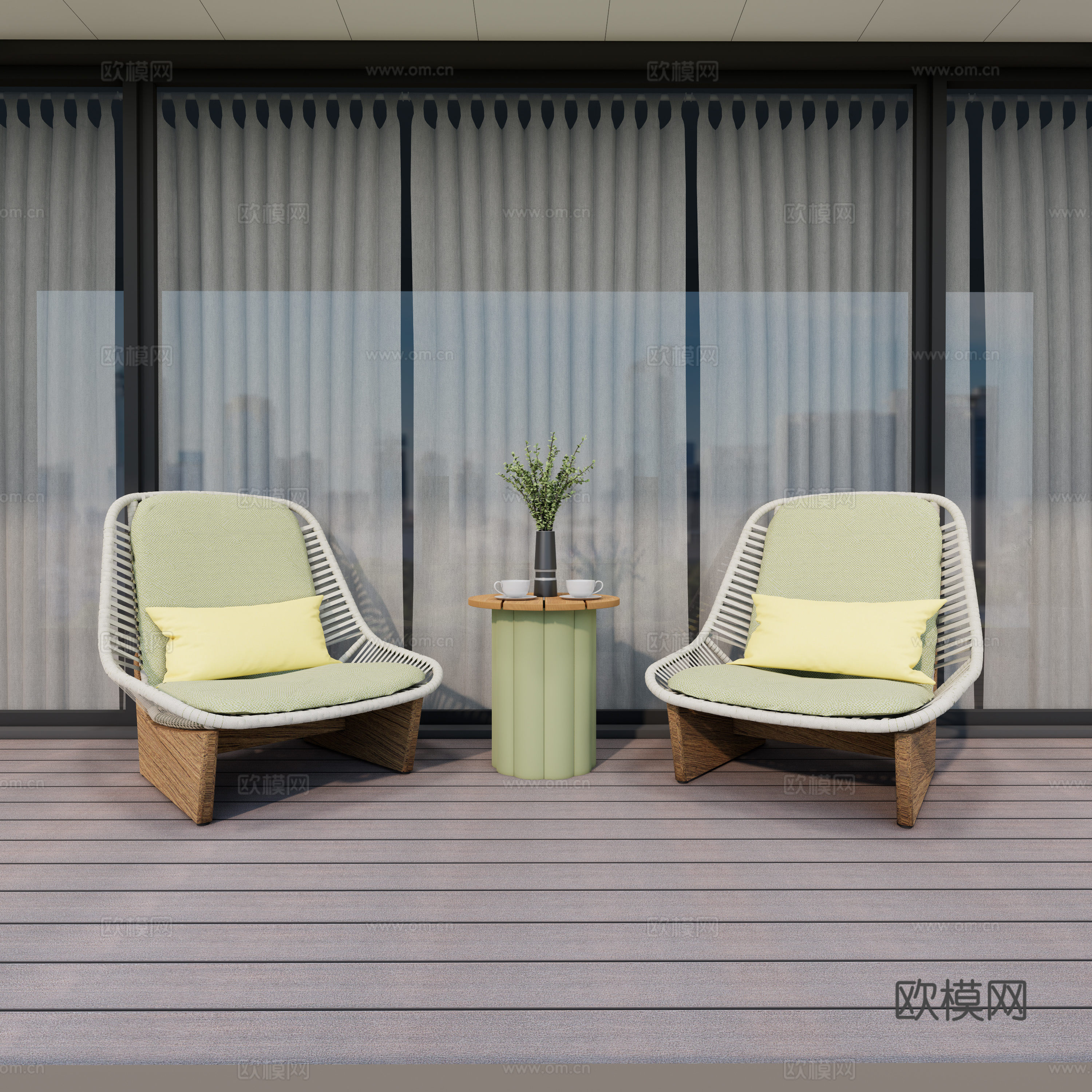 现代户外椅 休闲椅 日式柚木 木屐椅 圆形金属 柚木茶几su模型