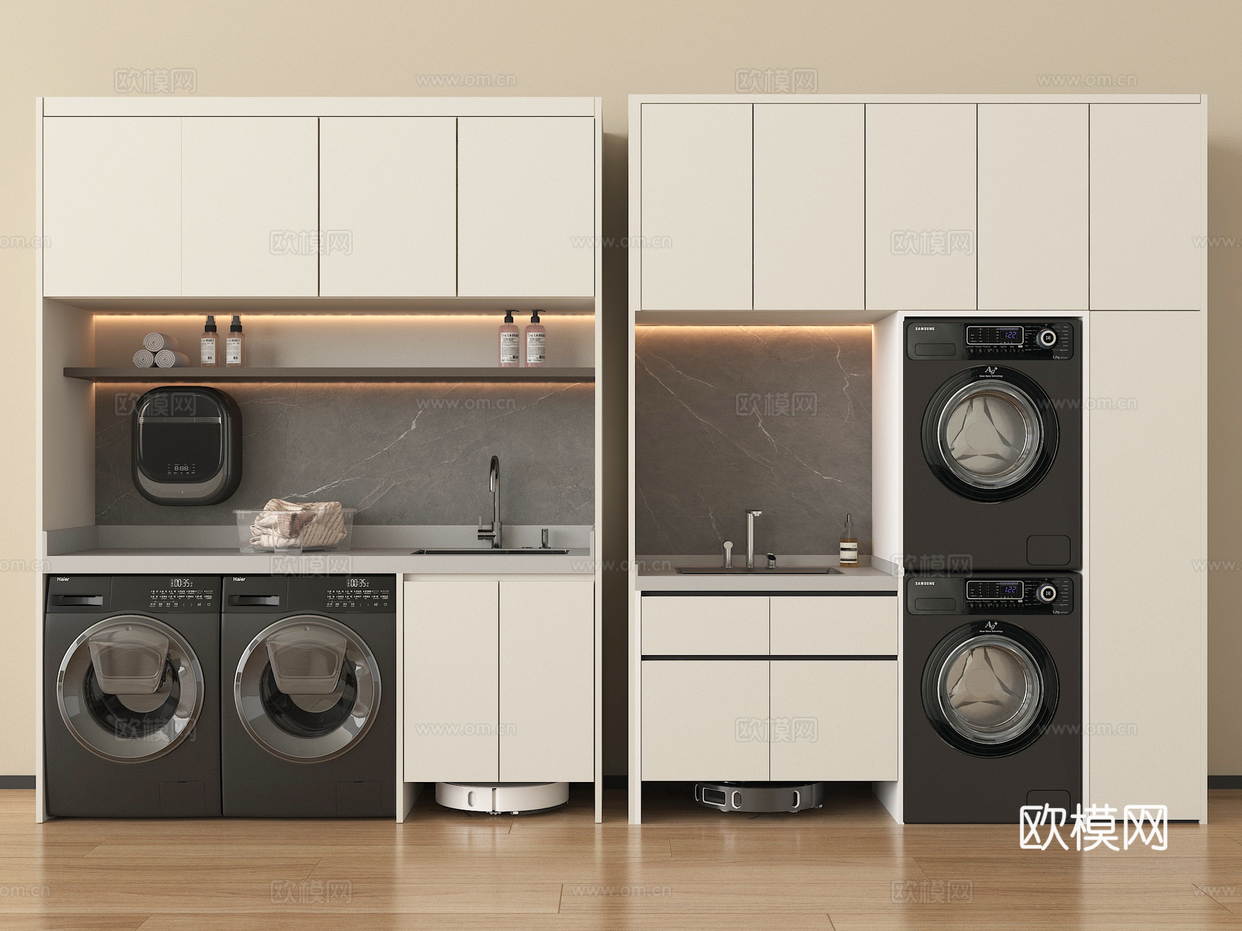 现代洗衣机柜 阳台柜 洗衣机 烘干机 壁挂洗衣机 扫地机器人su模型