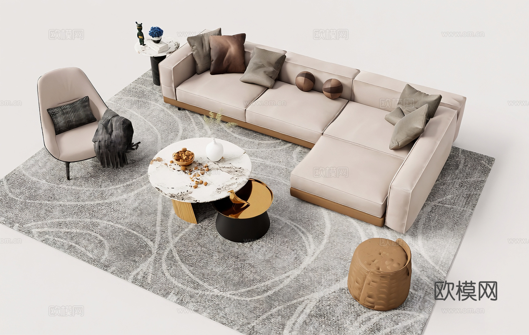 现代简约沙发组合 L型沙发组合 大理石茶几 布艺沙发su模型