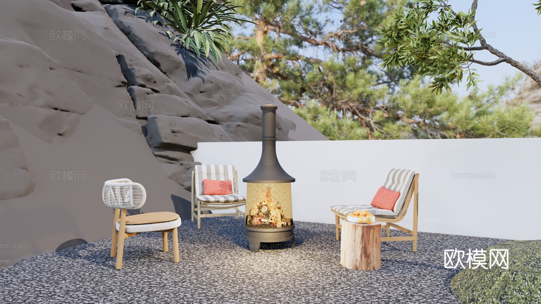 现代庭院花园 围炉煮茶 休闲椅 木墩茶几 高山地形su模型su模型