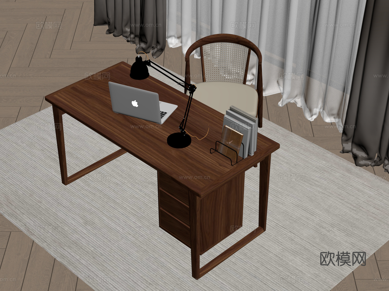 新中式书桌椅 学习桌椅su模型