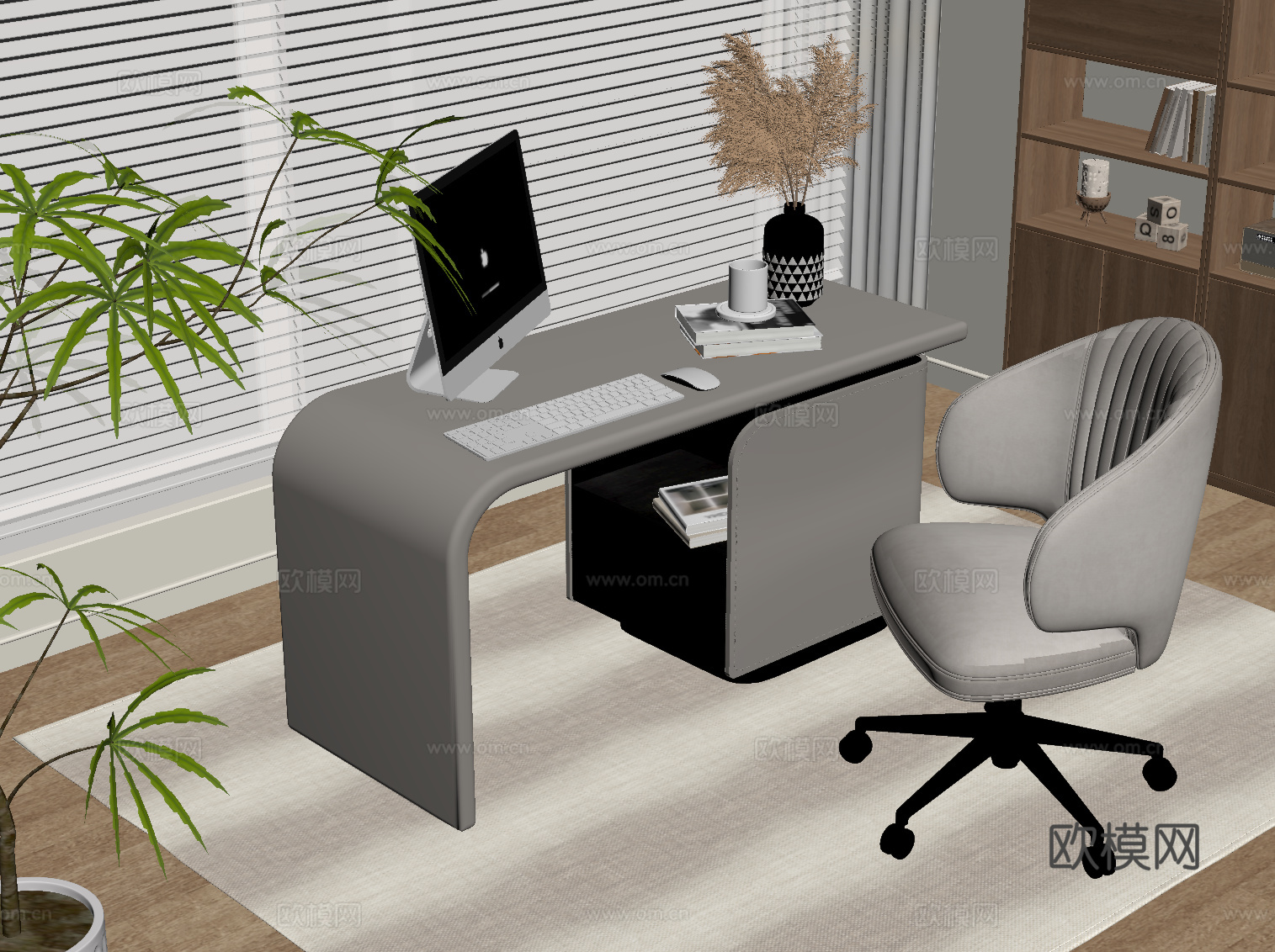 现代奶油风书桌椅 办公桌椅su模型