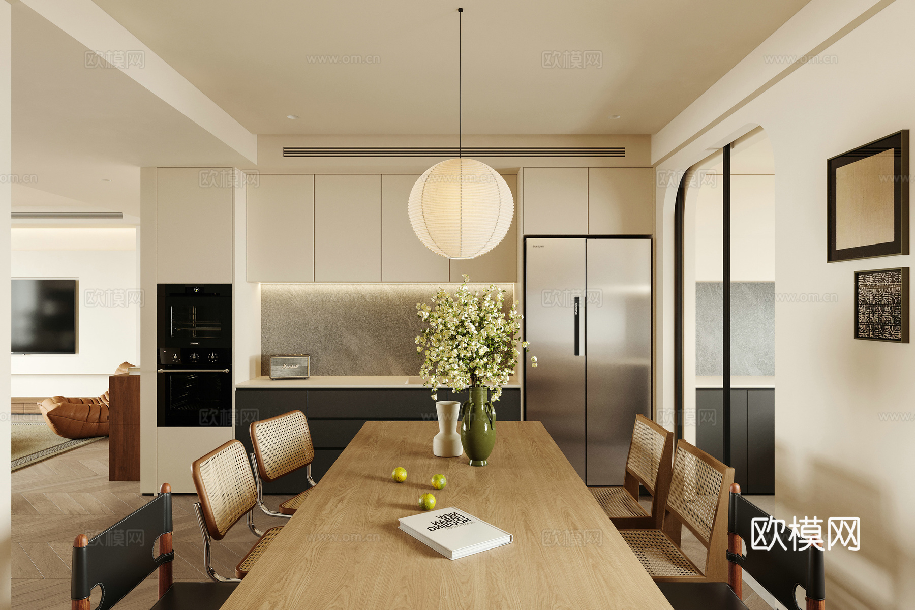 轻奢中古风 样板间 最新全套施工图 效果图合集cad施工图下载（渲染图4）