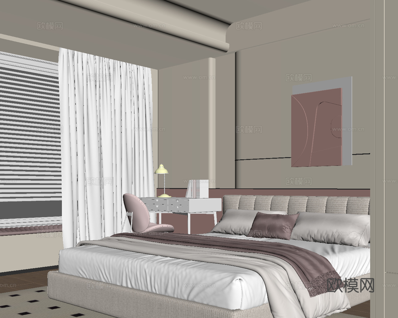现代卧室 双人床su模型