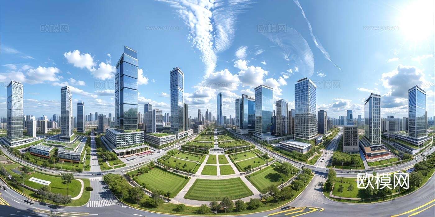 城市街道_蓝天白云_城市草坪_城市日景_户外建筑