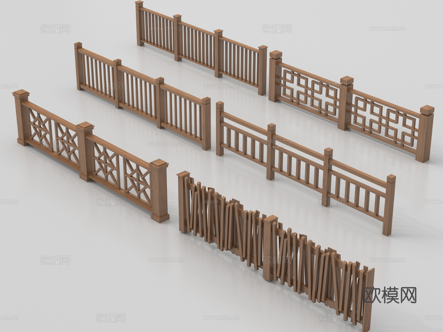 中式围栏护栏 庭院木篱笆栅栏 实木栏杆围挡su模型
