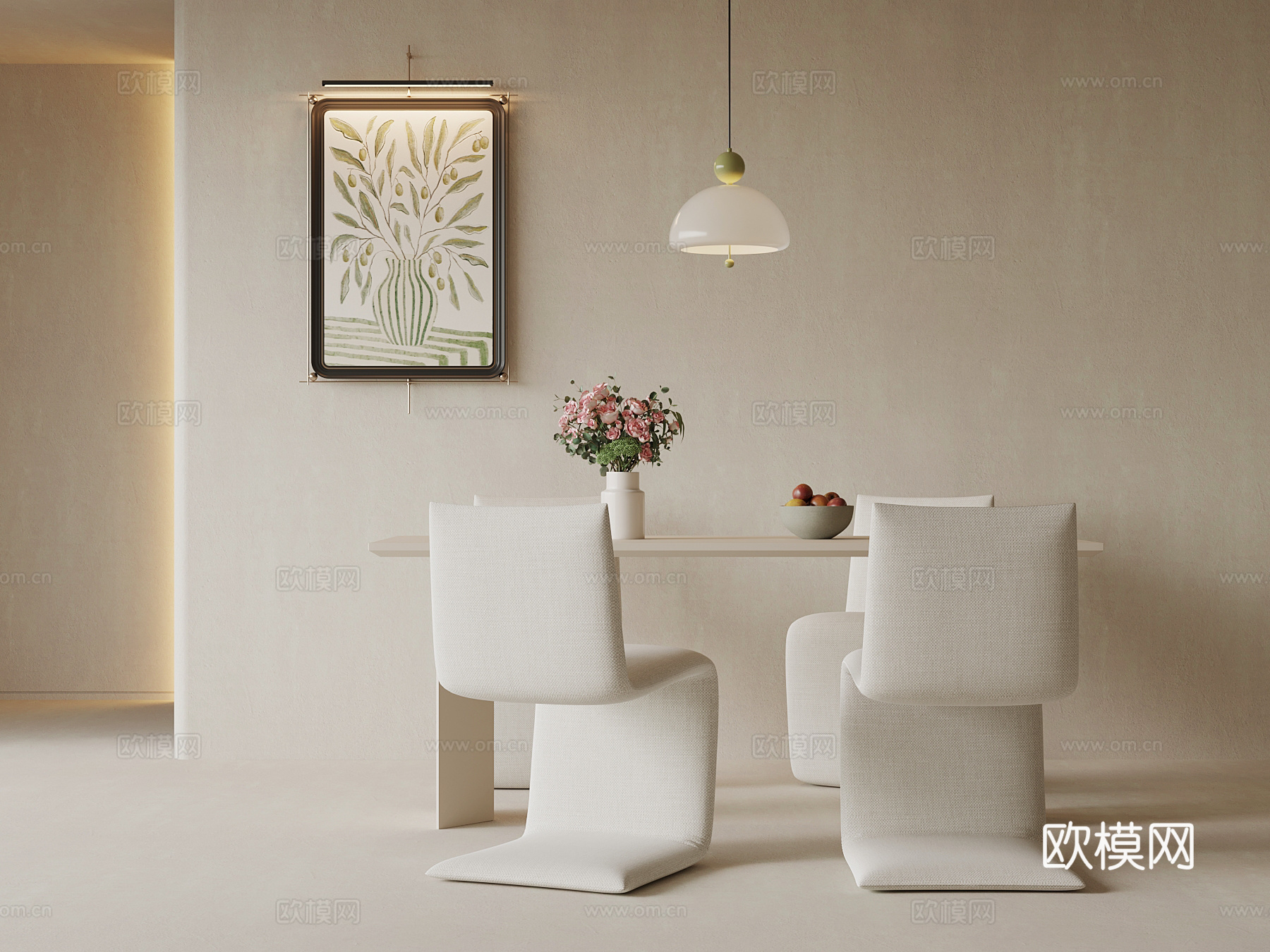 现代奶油风餐桌椅 条形餐桌su模型