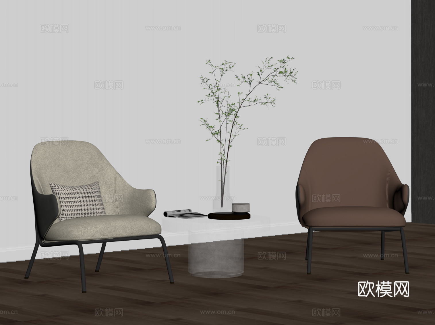 现代休闲椅 皮革沙发椅 边几su模型