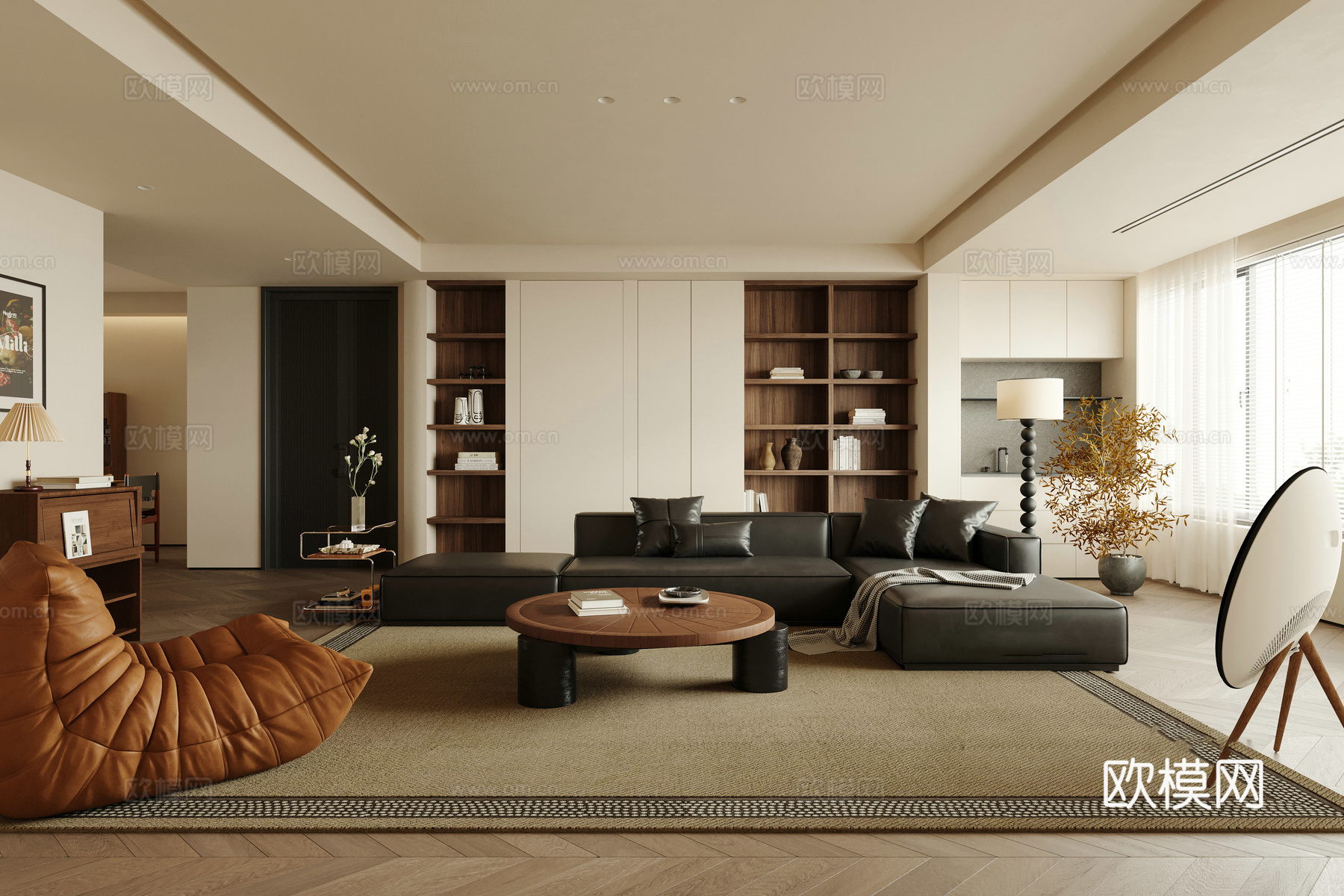 轻奢中古风 样板间 最新全套施工图 效果图合集cad施工图下载（渲染图1）