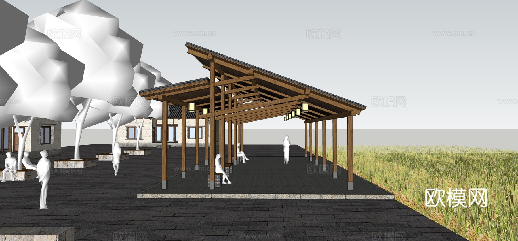 新中式景观廊架su模型