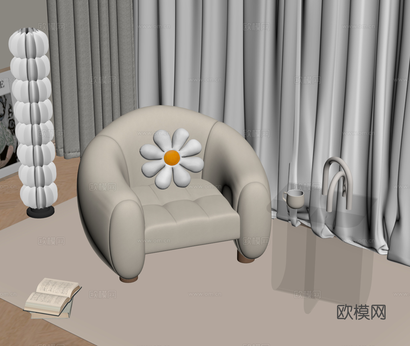 现代奶油风单人沙发 亚克力边几 落地灯su模型su模型