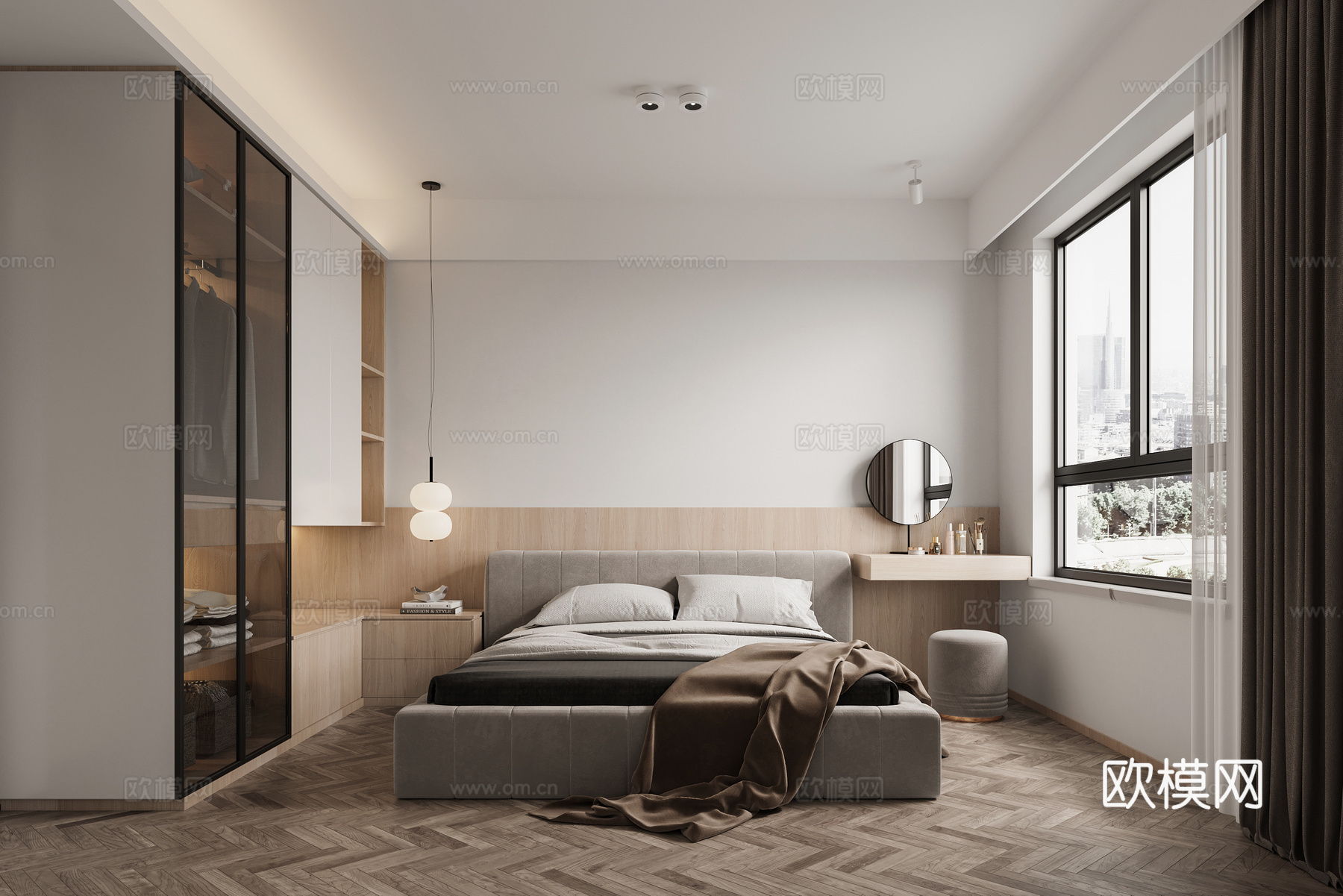 轻奢原木风 样板间 最新全套施工图 效果图合集cad施工图下载（渲染图5）