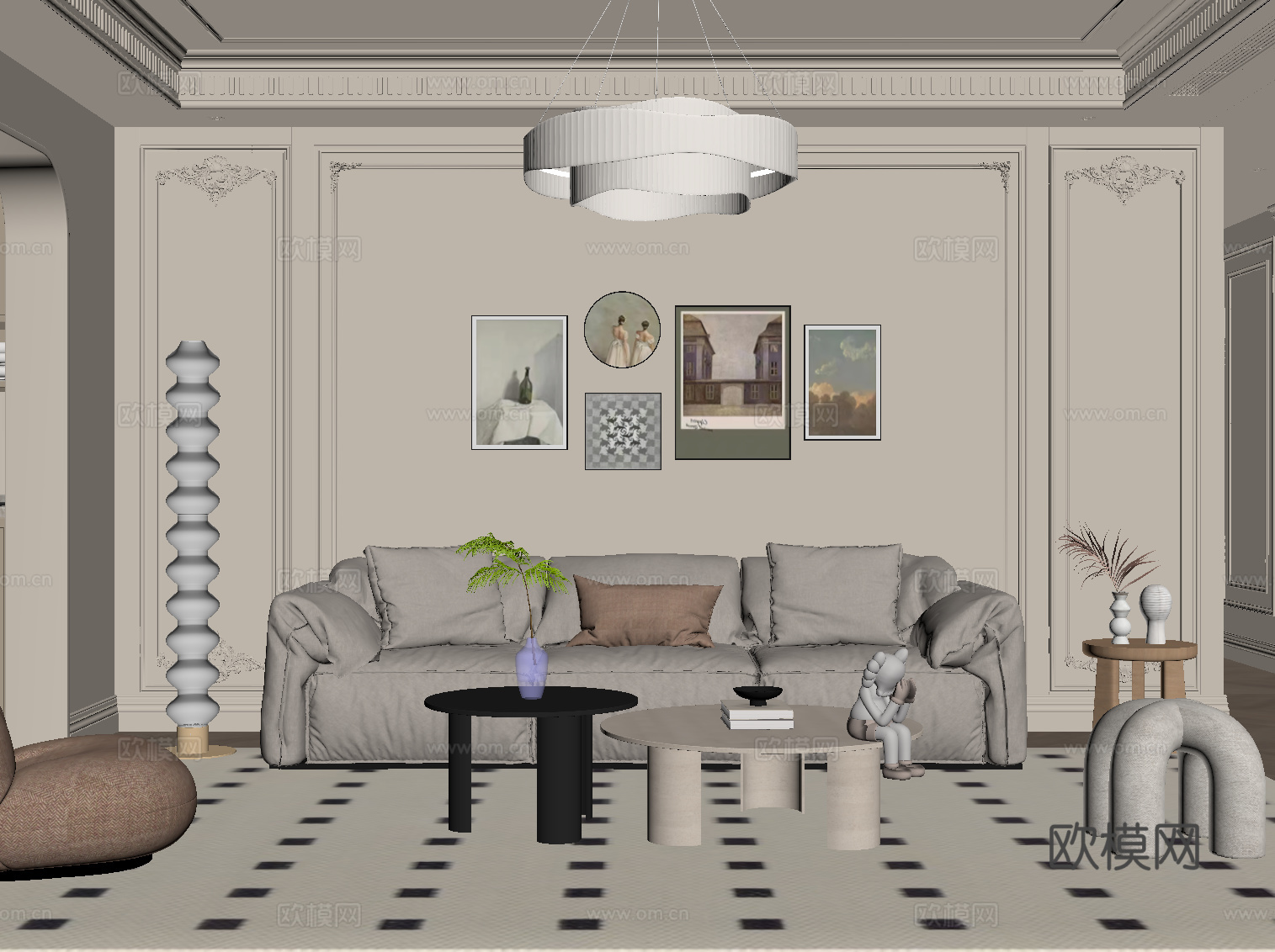 现代奶油风客厅 沙发背景墙 沙发茶几组合su模型