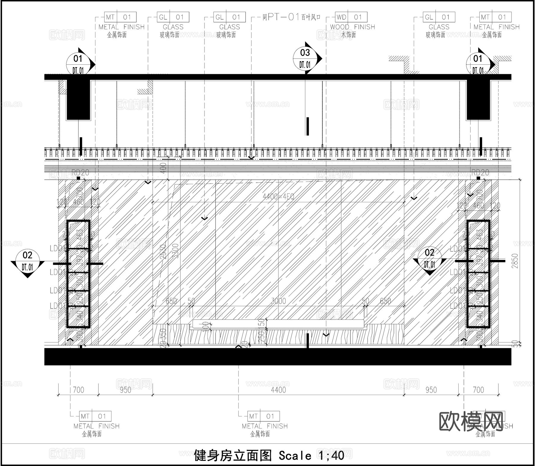 健身房镜面墙面 镜面墙体立面图 墙面布局 墙面节点cad施工图