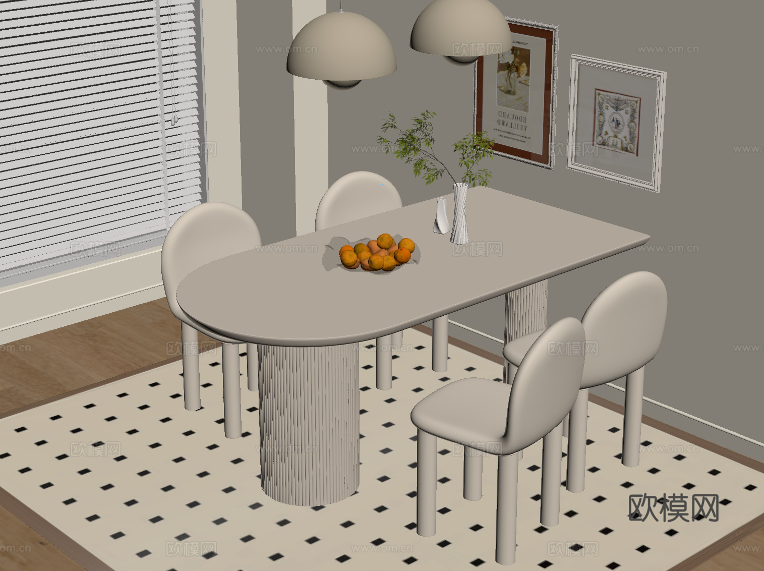 现代奶油风书桌su模型