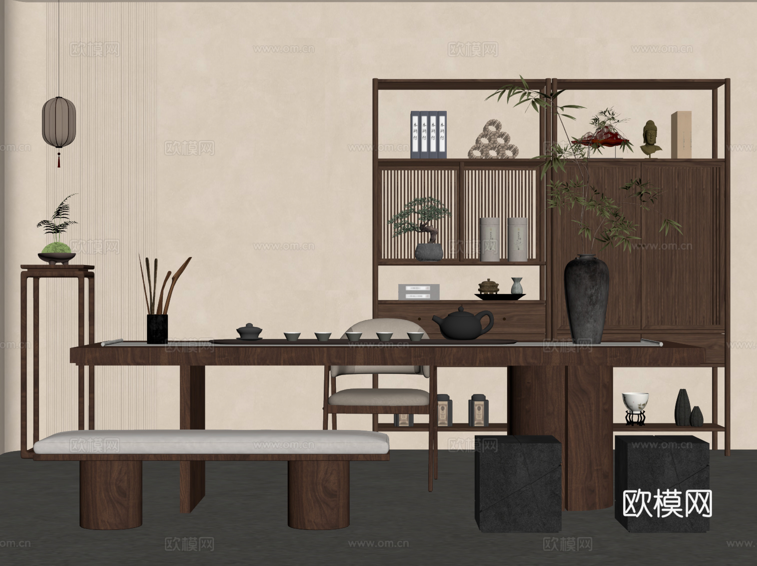 新中式茶桌椅 博古架su模型