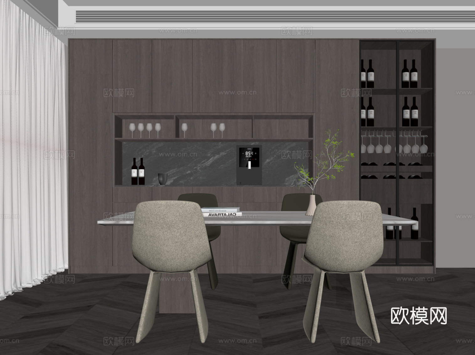 意式餐厅 餐桌椅 餐边柜su模型