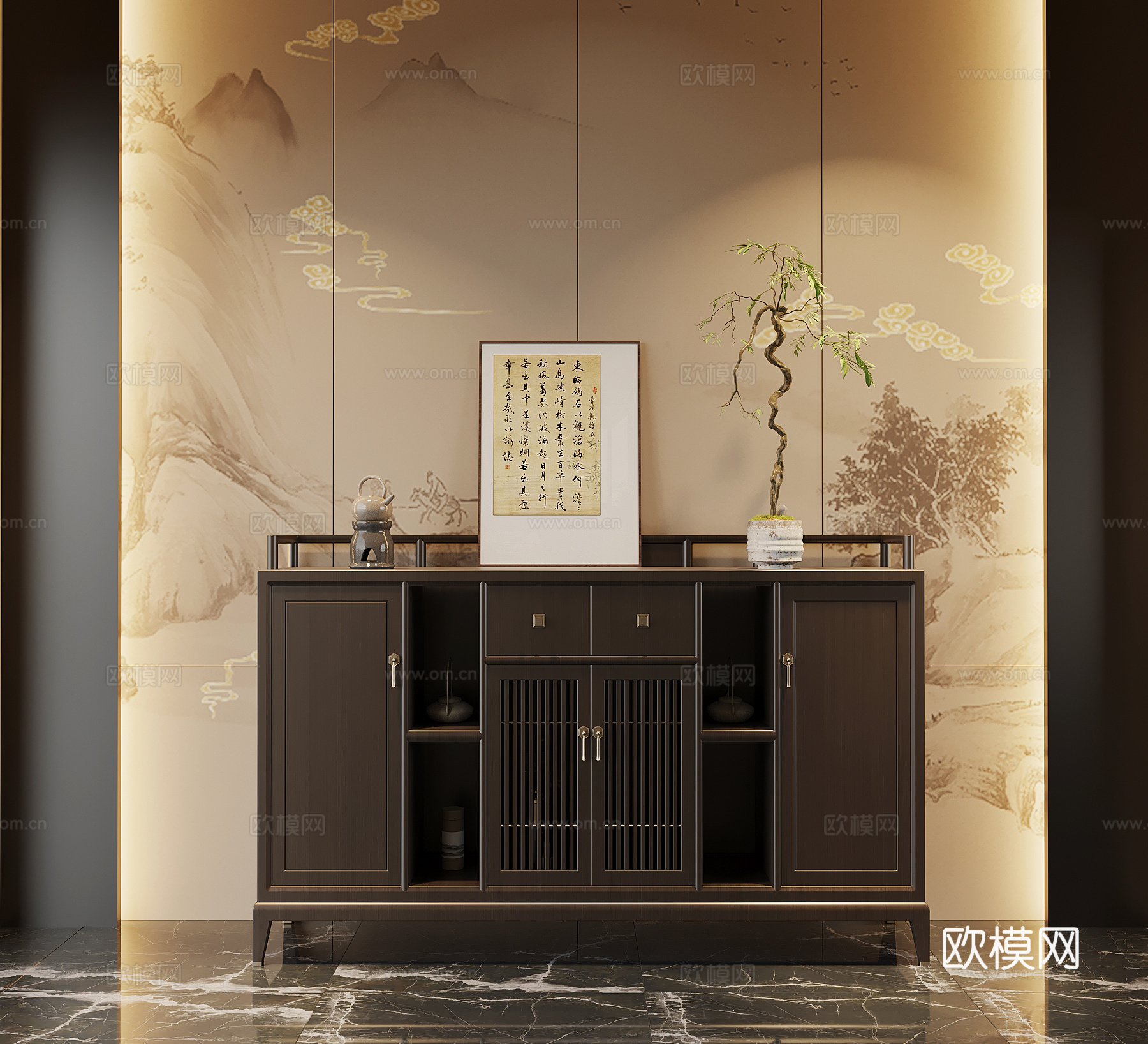 新中式玄关柜 边柜su模型