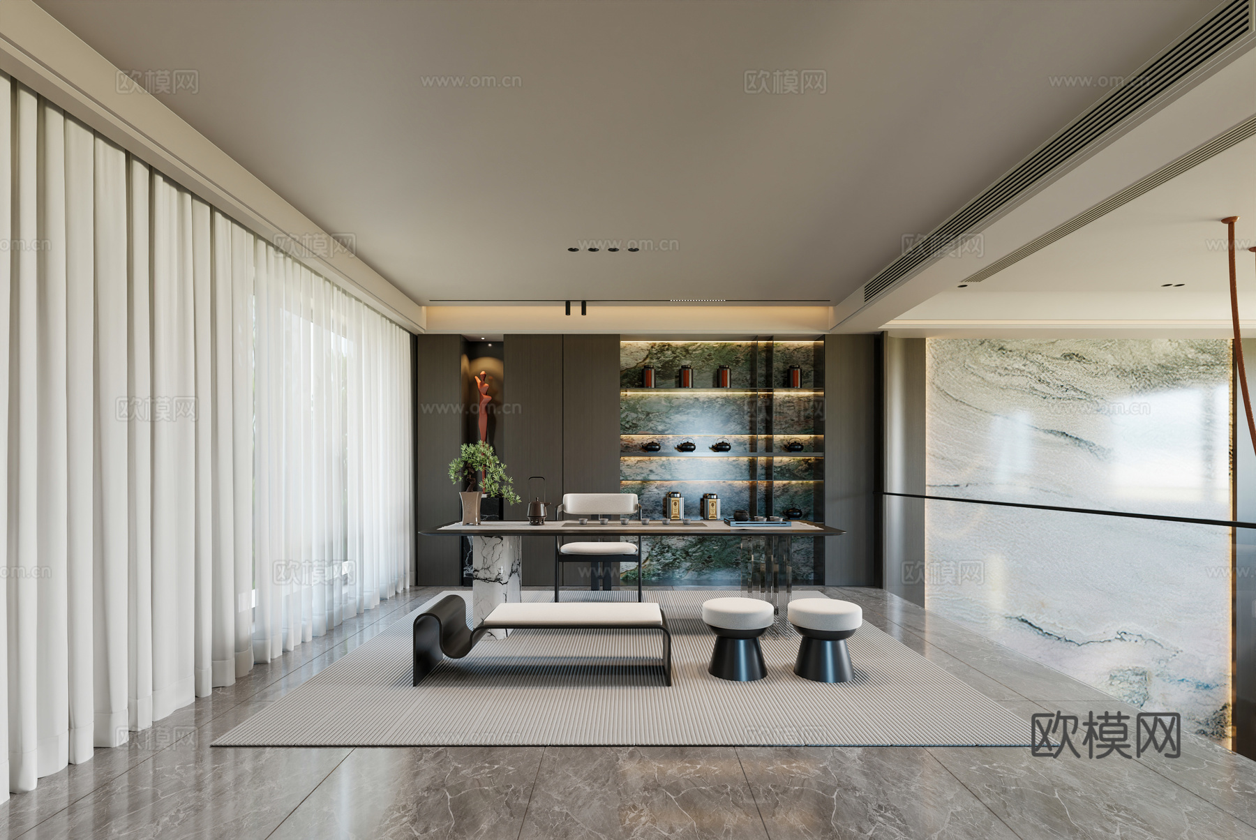 现代家居别墅挑空客厅 现代别墅客餐厅 茶室 别墅客餐厅 奶油3d模型下载（渲染图4）