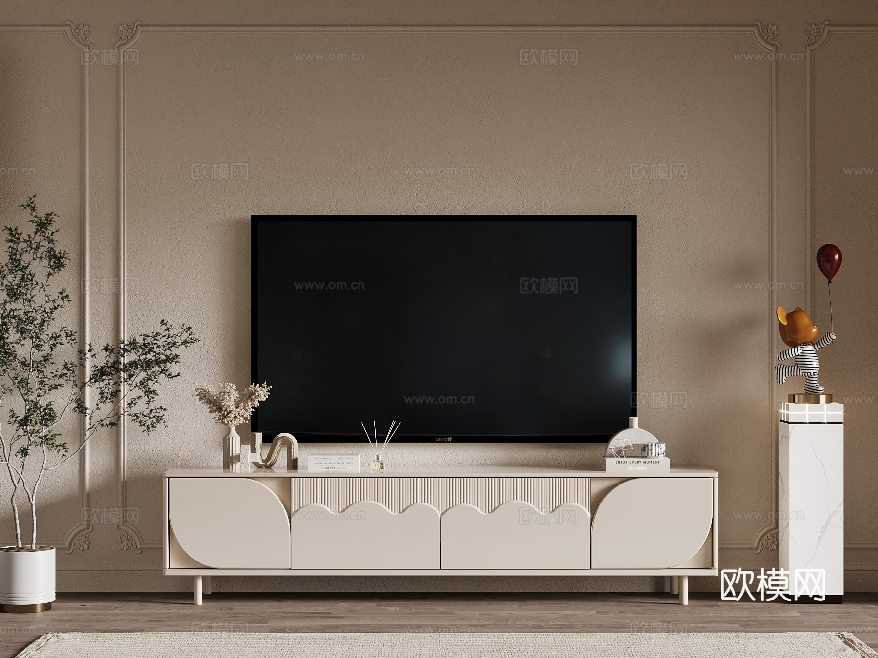 奶油风电视柜su模型