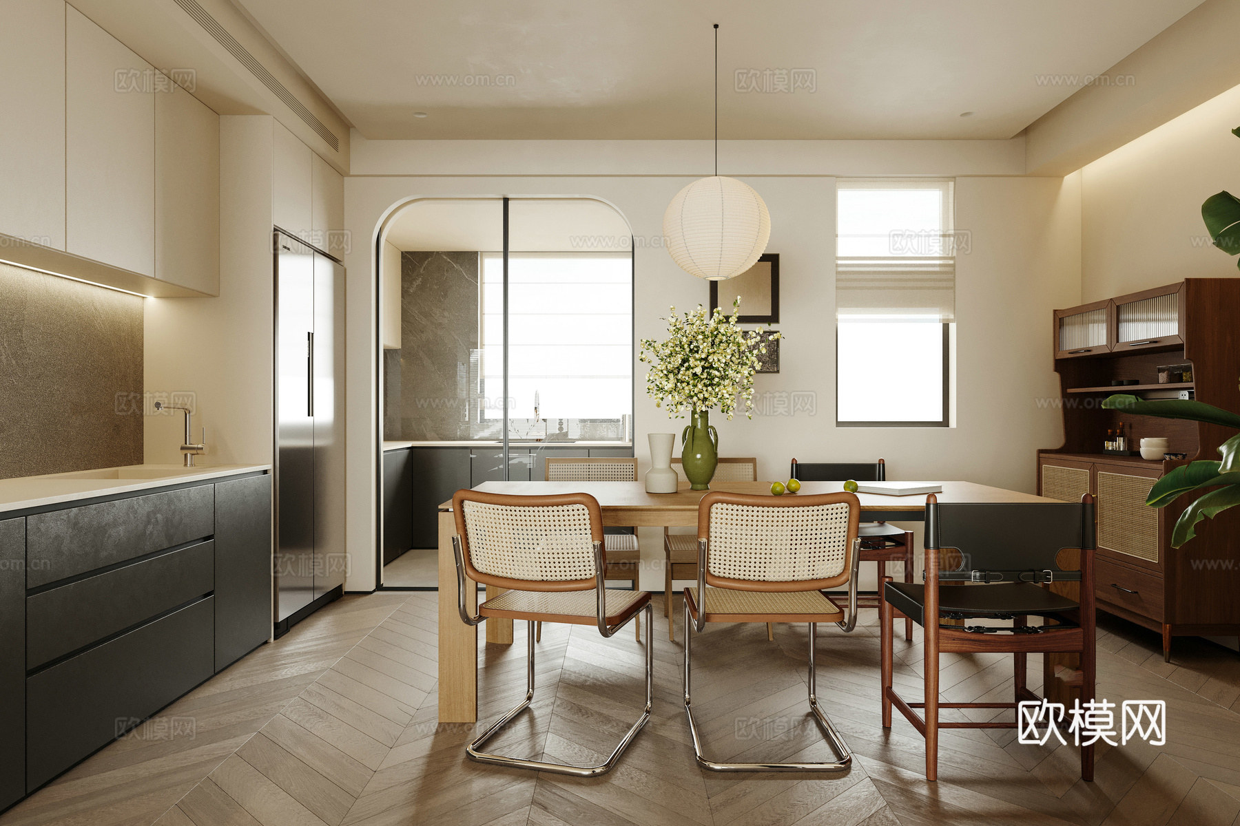 轻奢中古风 样板间 最新全套施工图 效果图合集cad施工图下载（渲染图7）