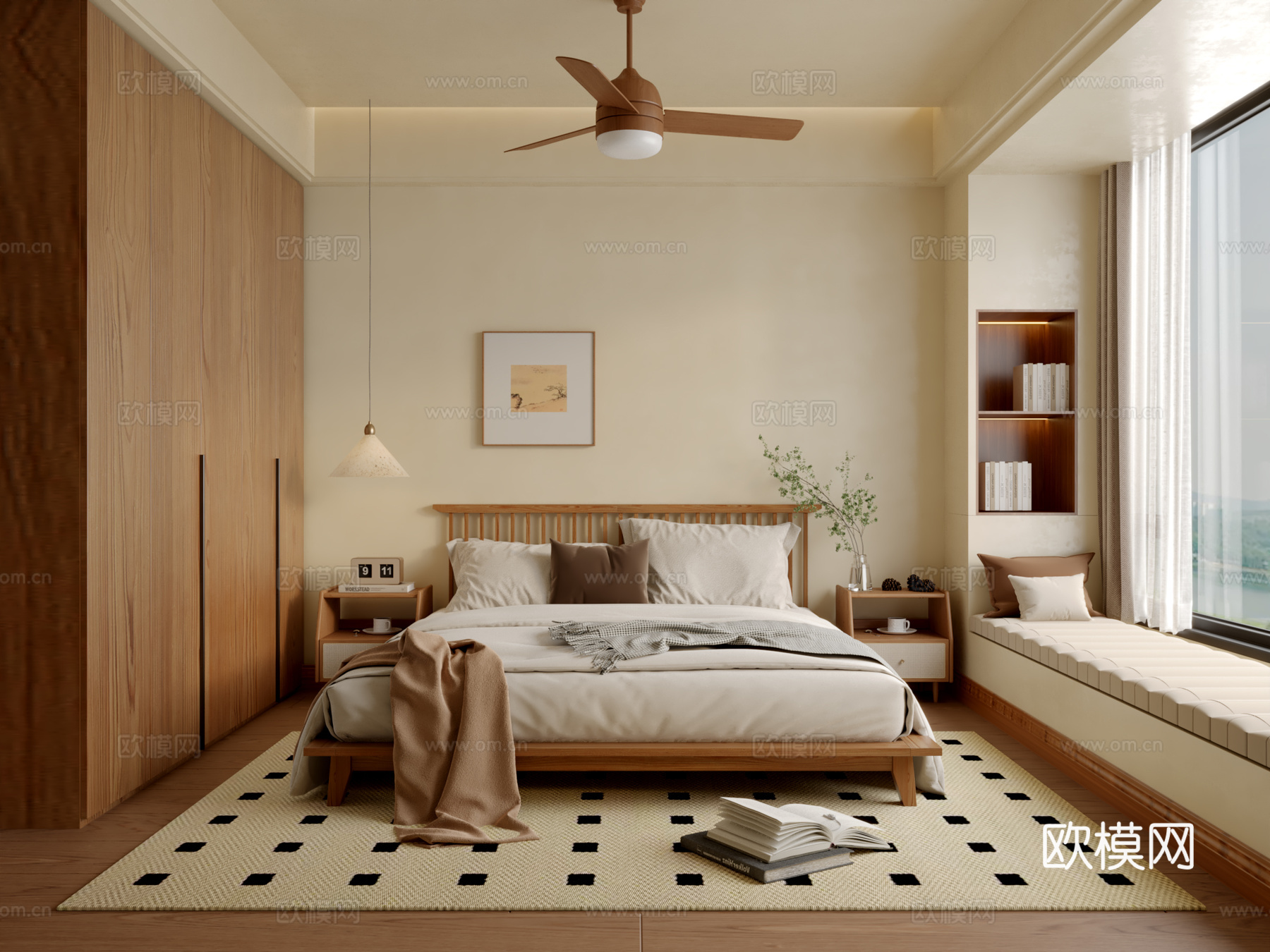 原木风卧室3d模型下载（渲染图1）