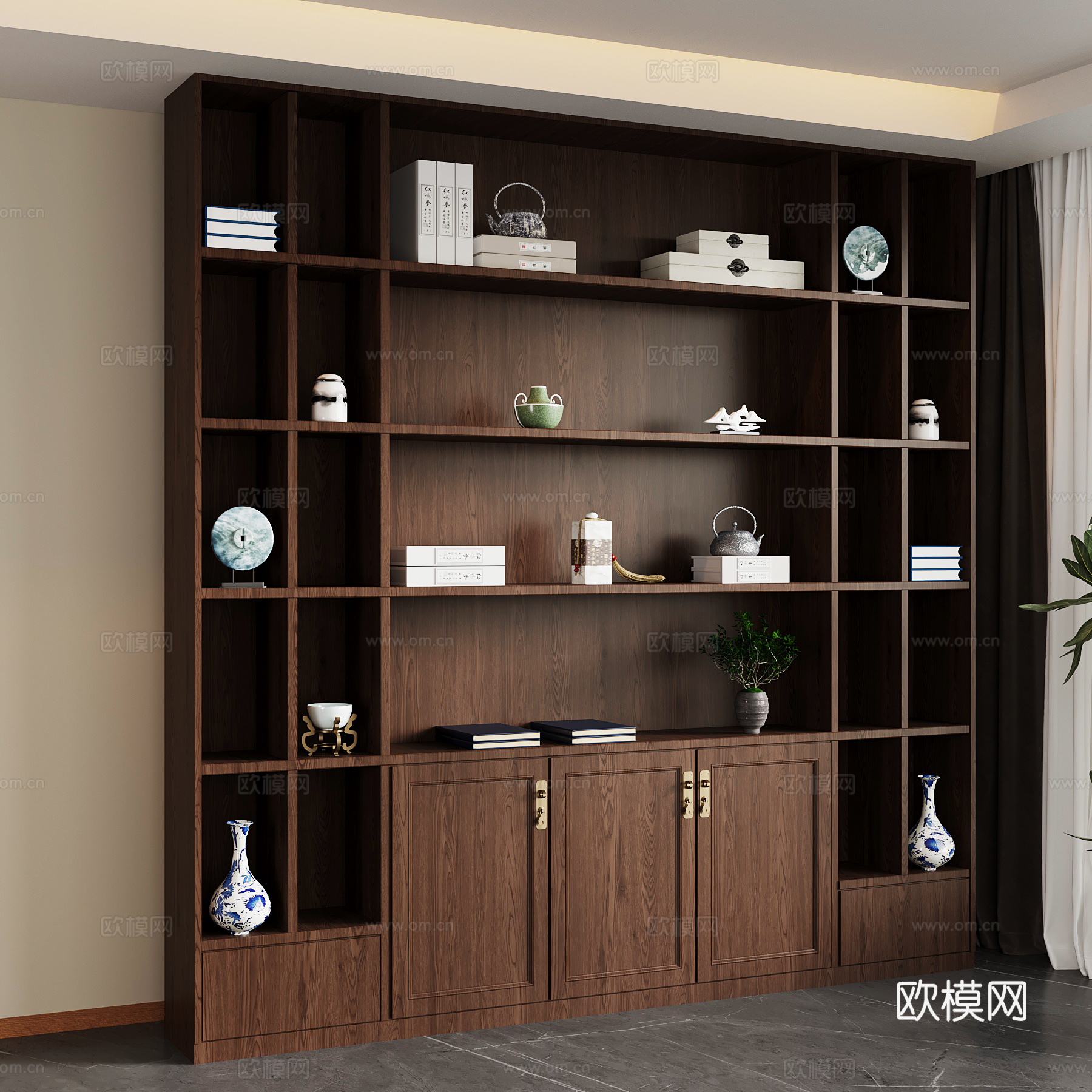 新中式书柜 置物柜 博古架su模型
