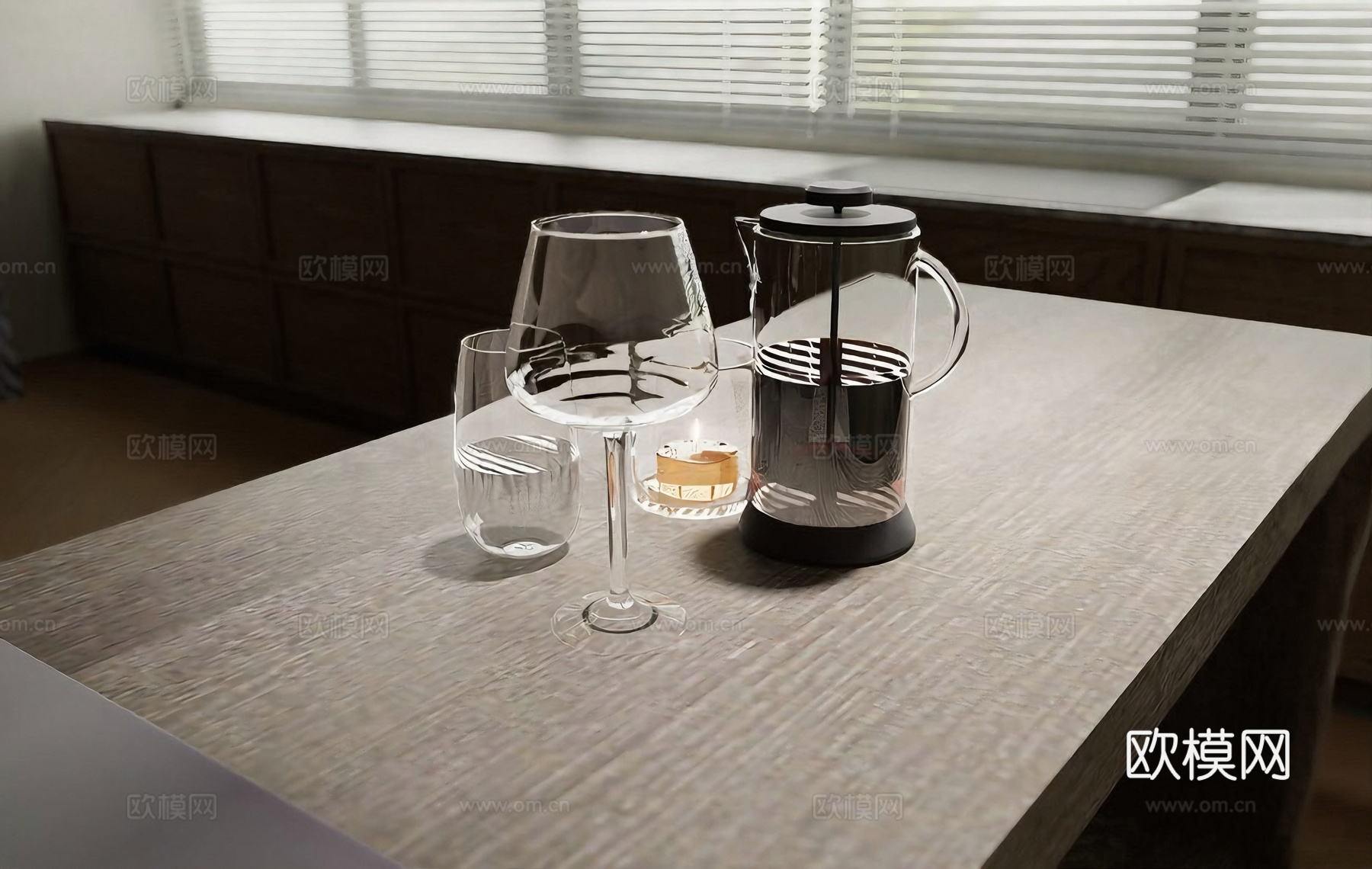 现代简约法压壶 饮品器具 法式压滤壶 高矮玻璃杯 茶蜡杯su模型