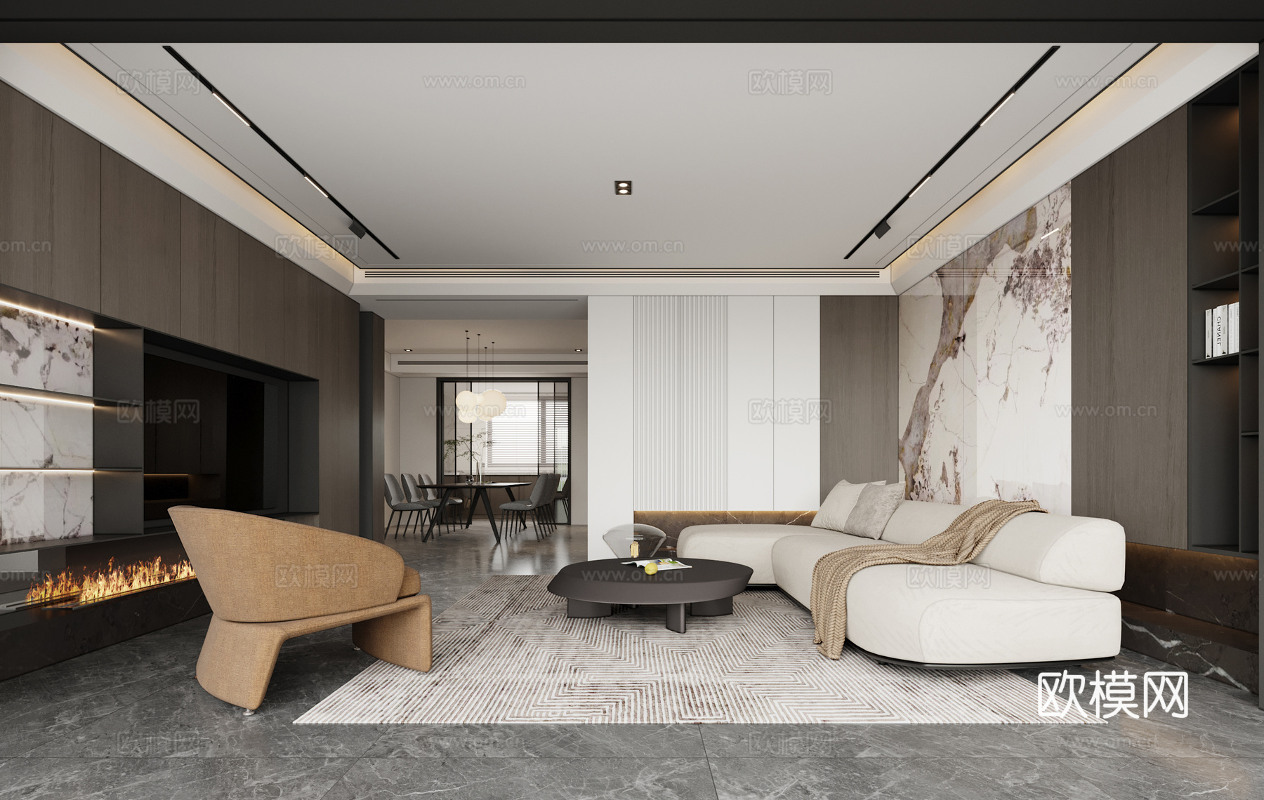 轻奢大平层 样板间 最新全套施工图 效果图合集cad施工图下载（渲染图5）