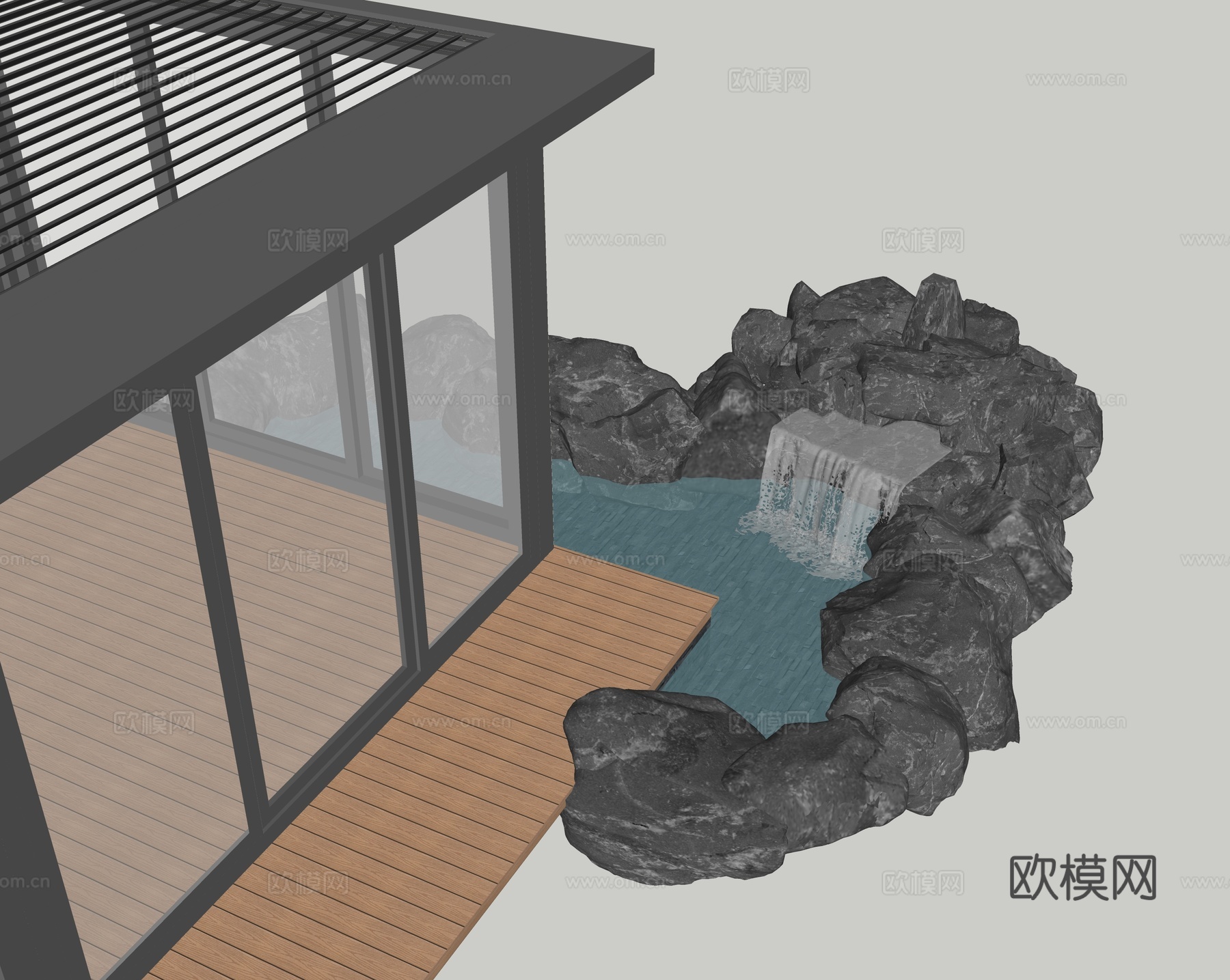 现代庭院花园 山水景观 叠水景观 石头 景石 阳光房 铝合金su模型下载（渲染图2）
